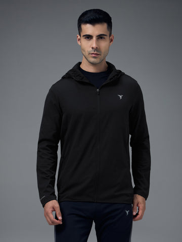 Men Solid Slim Fit Hooded Jacket with TS FLEXI
