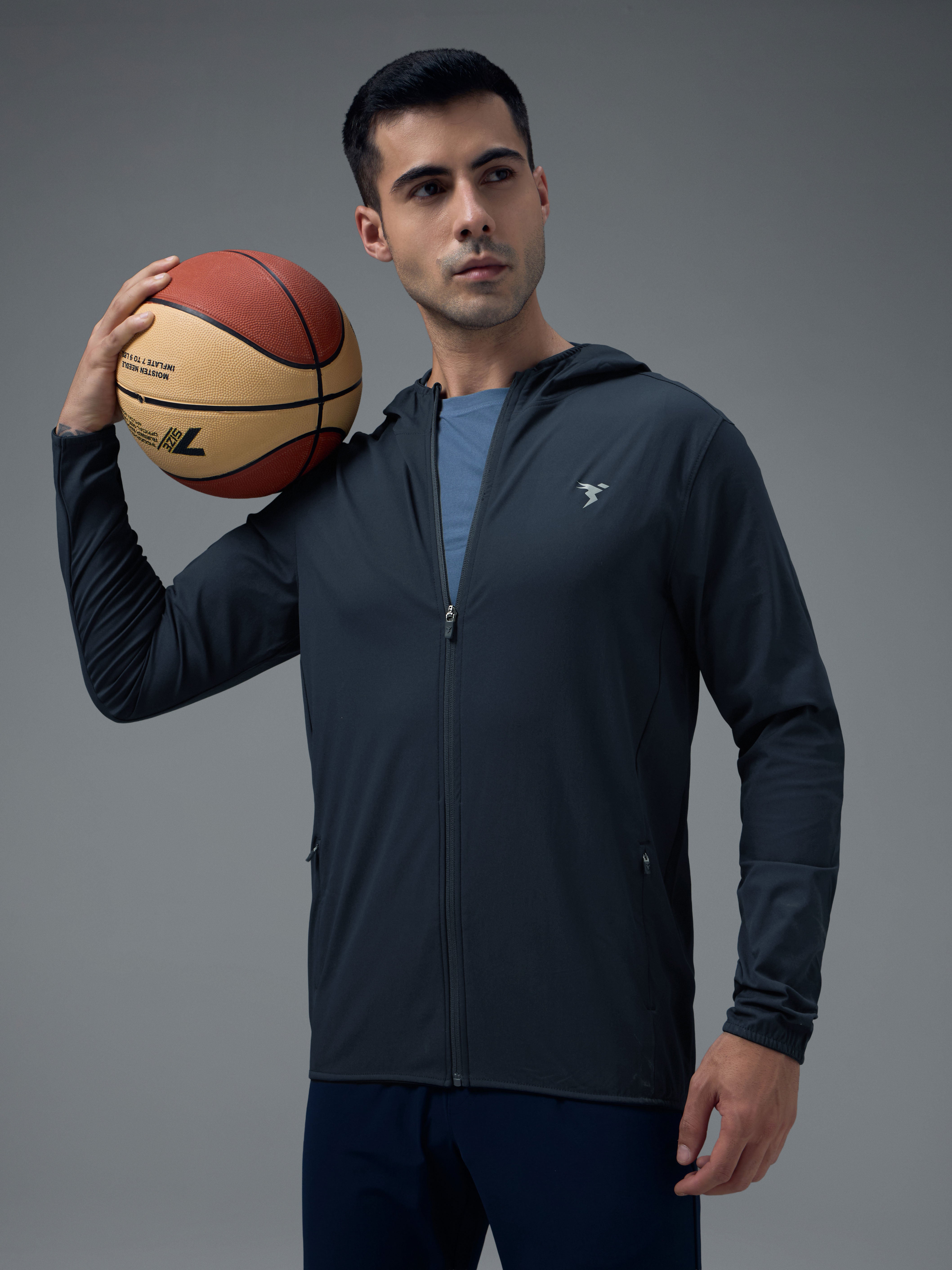 Men Solid Slim Fit Hooded Jacket with TS FLEXI