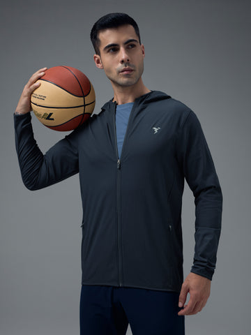 Men Solid Slim Fit Hooded Jacket with TS FLEXI