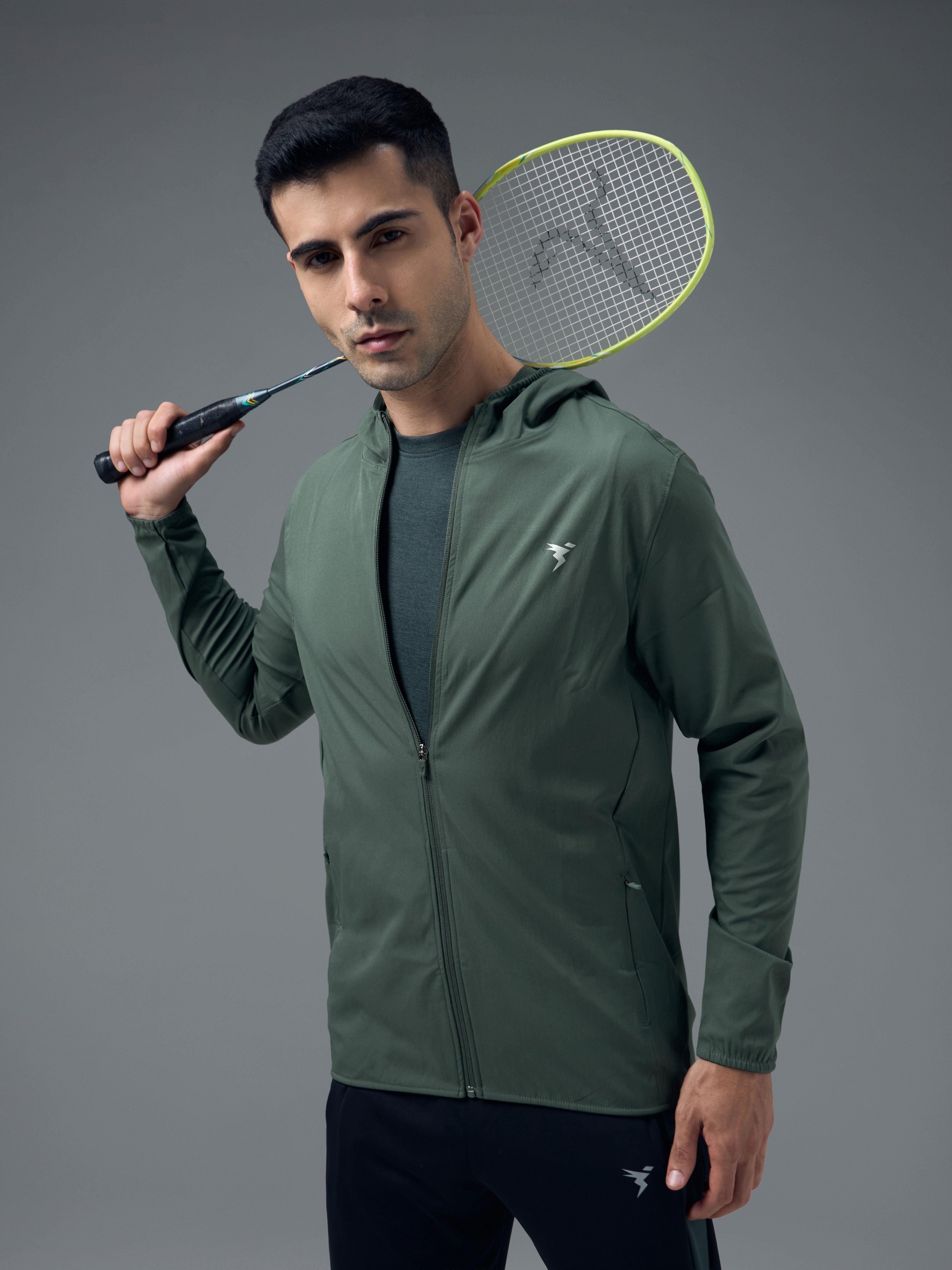 Men Solid Slim Fit Hooded Jacket with TS FLEXI
