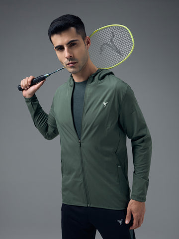 Men Solid Slim Fit Hooded Jacket with TS FLEXI