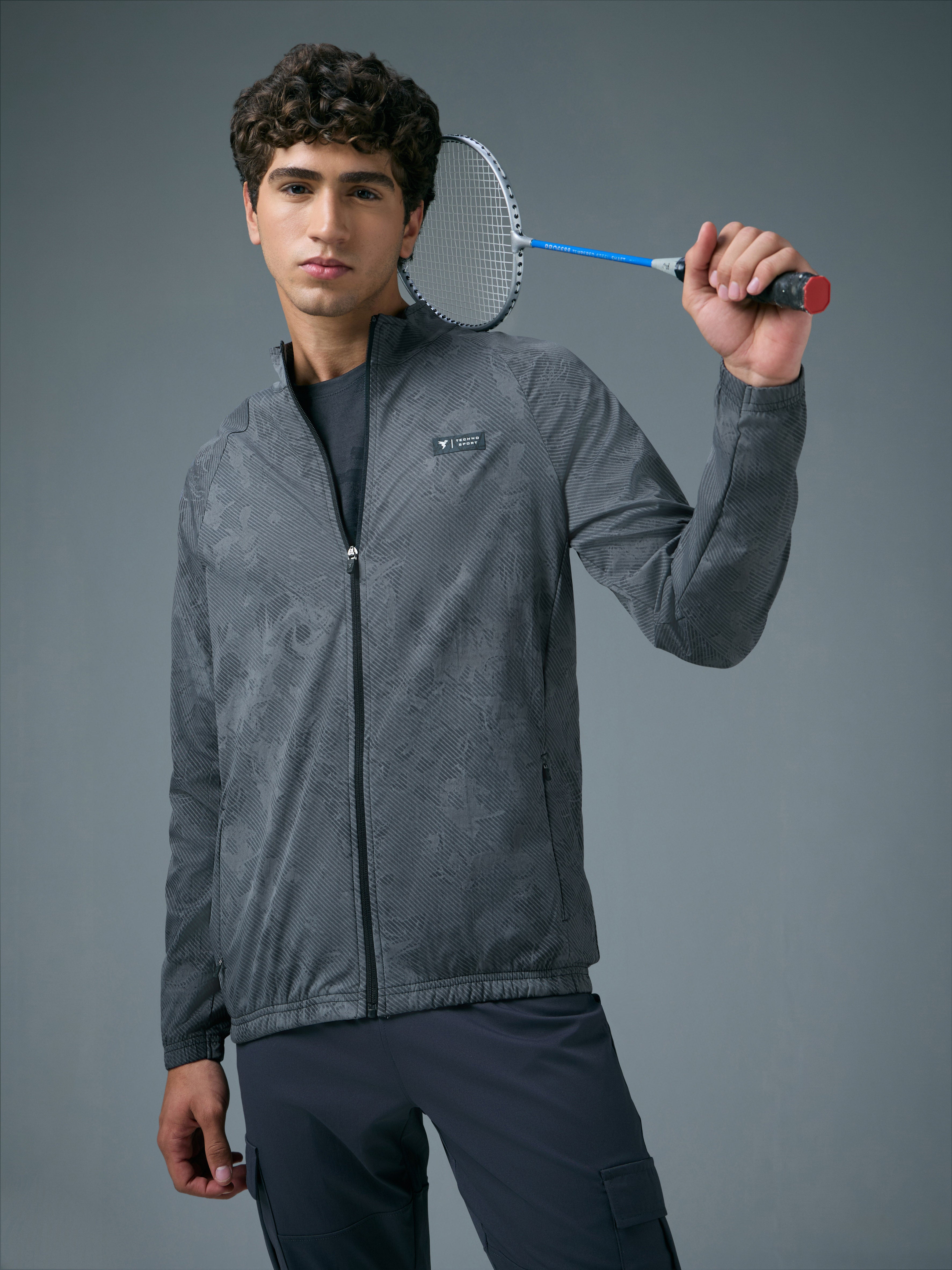 Men Printed Slim Fit Mock Neck Jacket with TS FLEXI