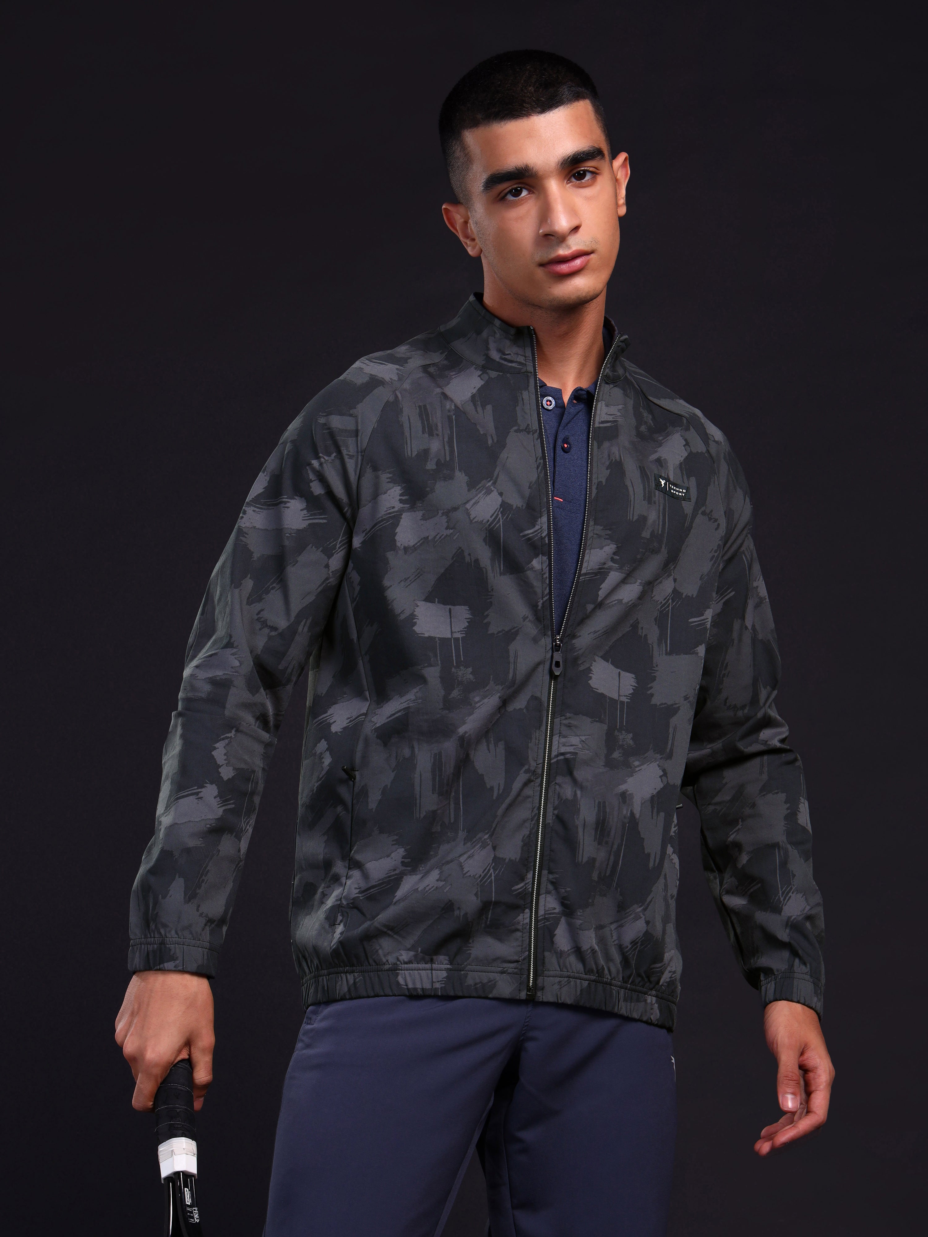 Men Printed Slim Fit Mock Neck Jacket with TS FLEXI