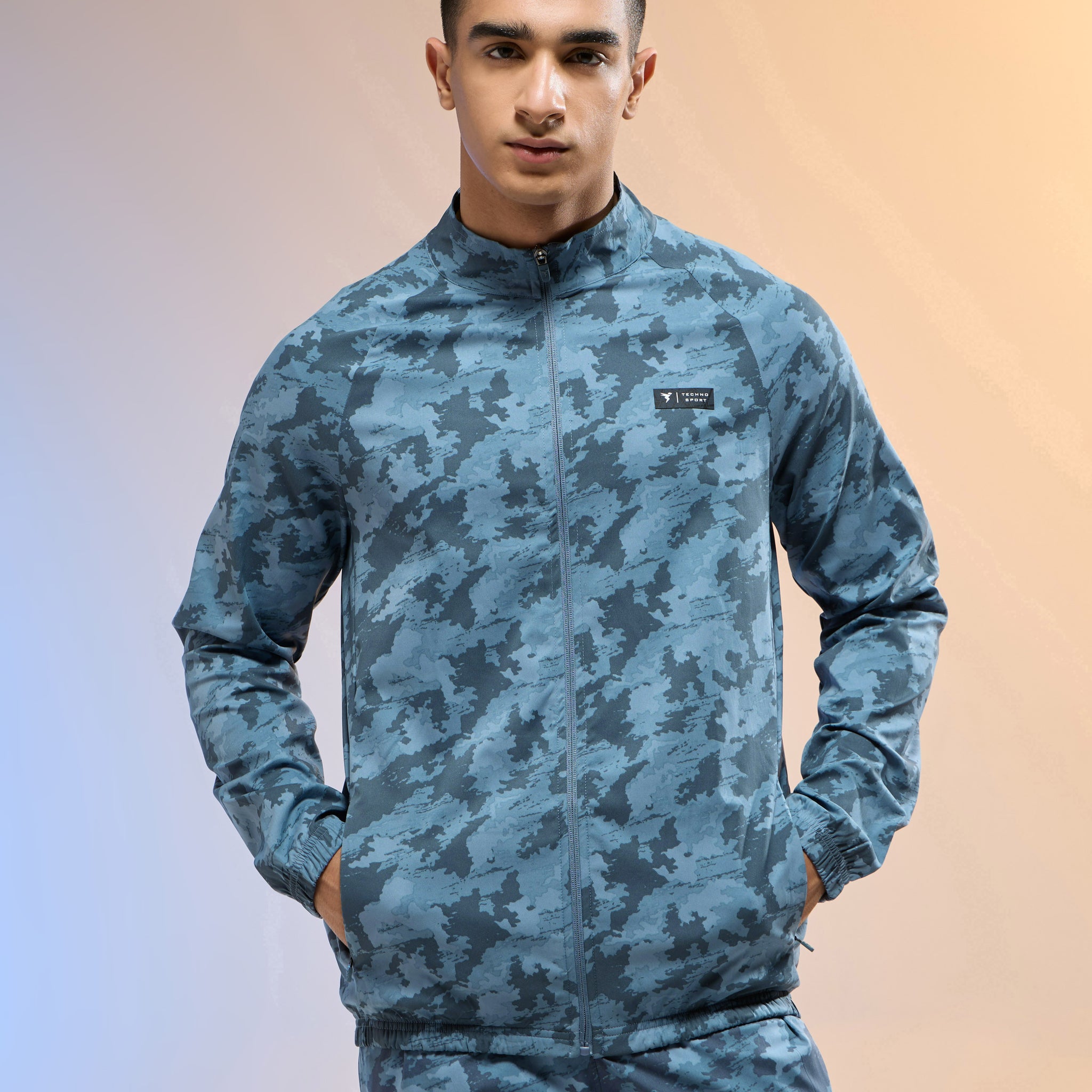Men Printed Slim Fit Mock Neck Jacket with TS FLEXI
