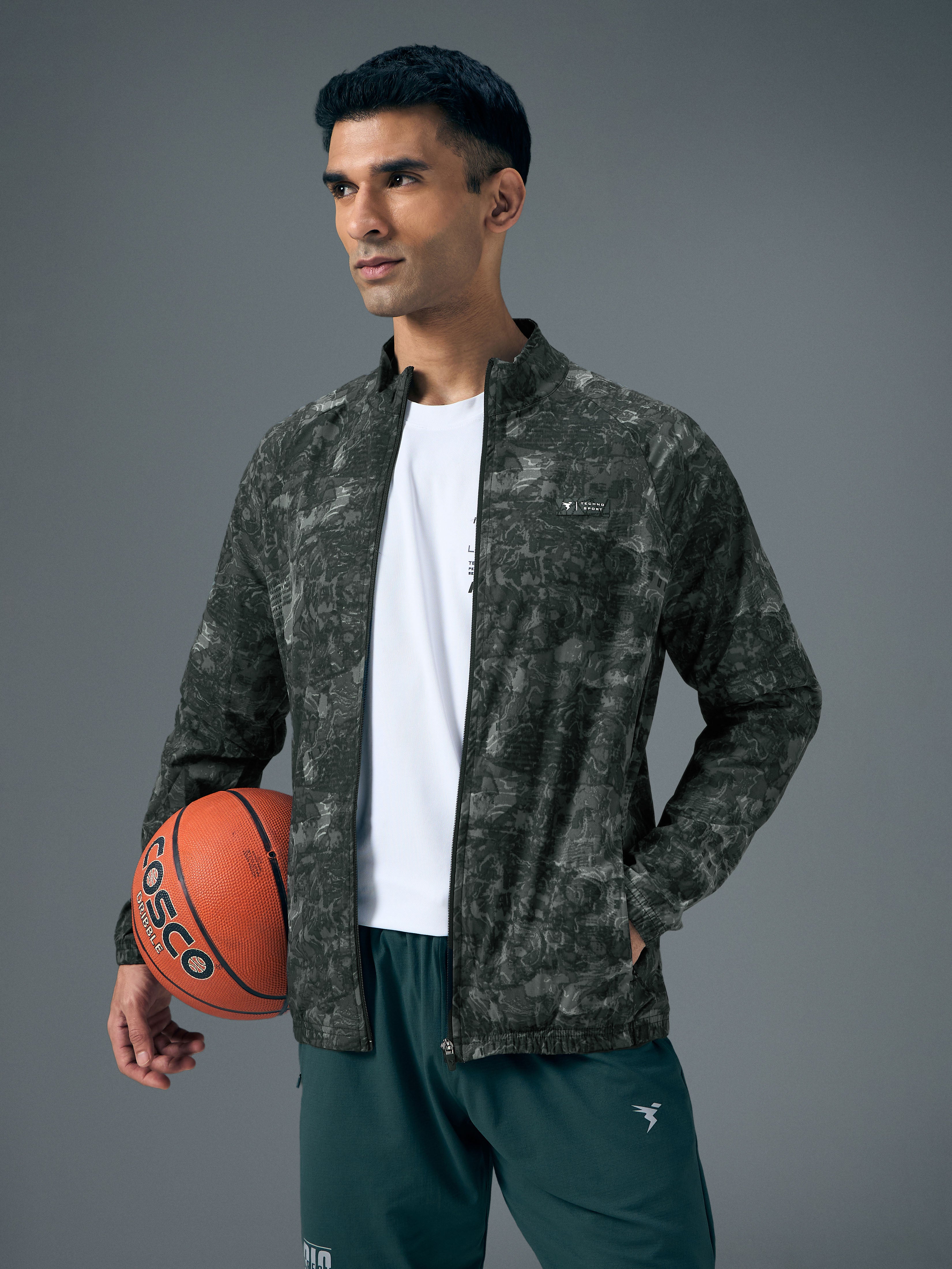 Men Printed Slim Fit Mock Neck Jacket with TS FLEXI