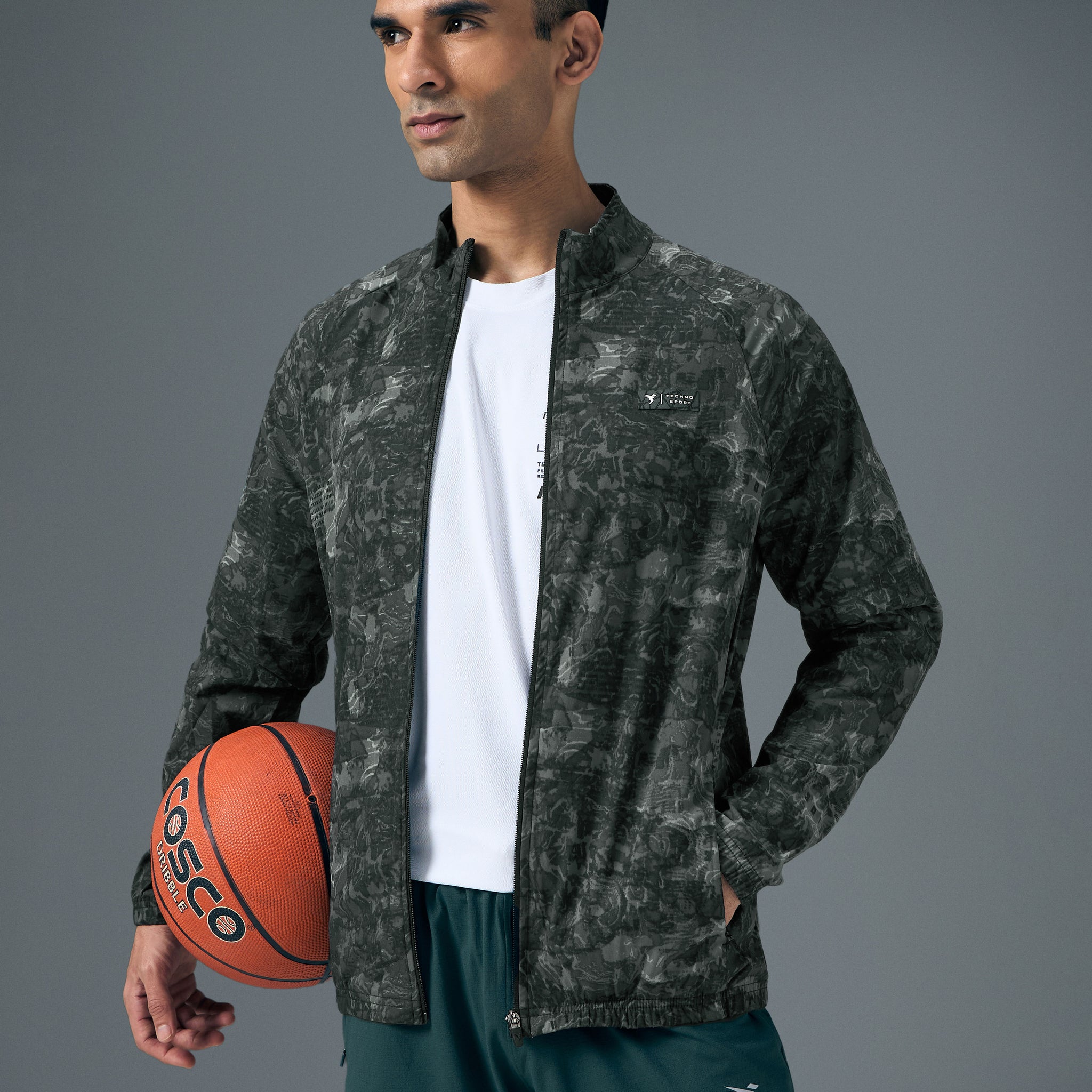 Men Printed Slim Fit Mock Neck Jacket with TS FLEXI