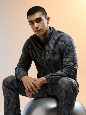 Men Printed Slim Fit Mock Neck Jacket with TS FLEXI