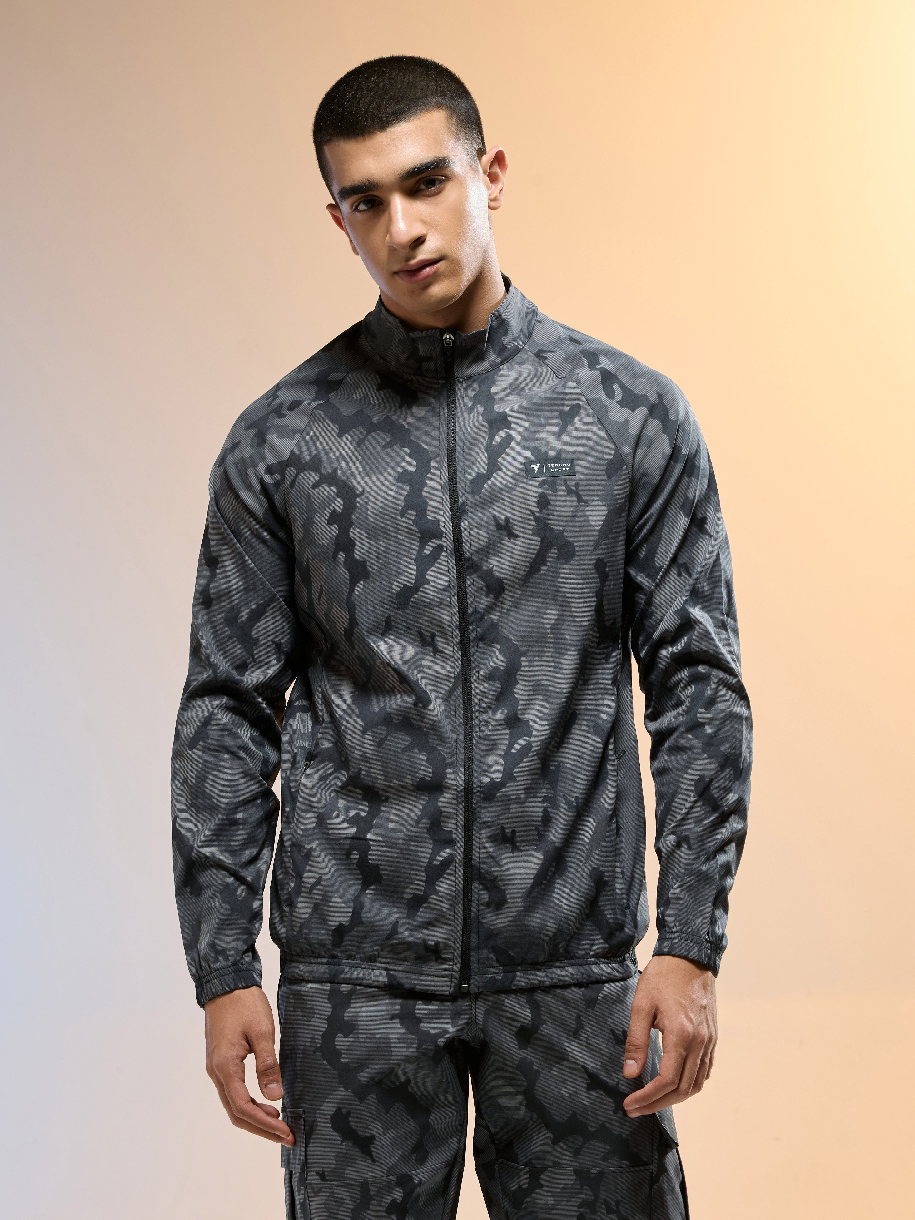 Men Printed Slim Fit Mock Neck Jacket with TS FLEXI