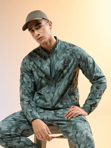 Men Printed Slim Fit Mock Neck Jacket with TS FLEXI