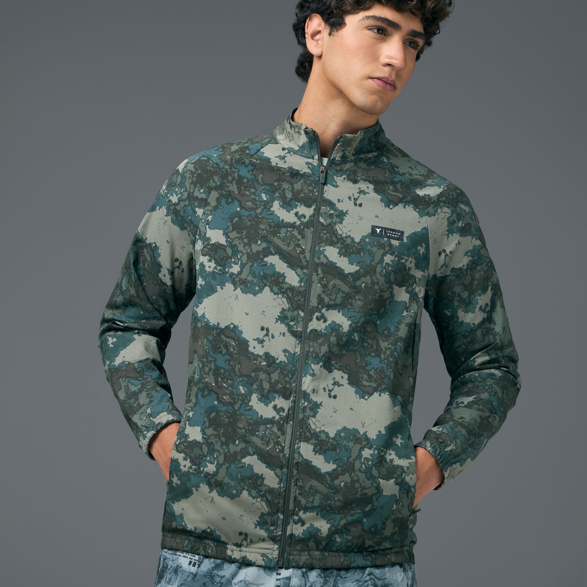 Men Printed Slim Fit Mock Neck Jacket with TS FLEXI
