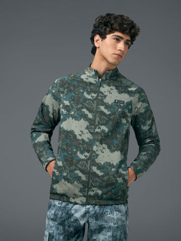 Men Printed Slim Fit Mock Neck Jacket with TS FLEXI