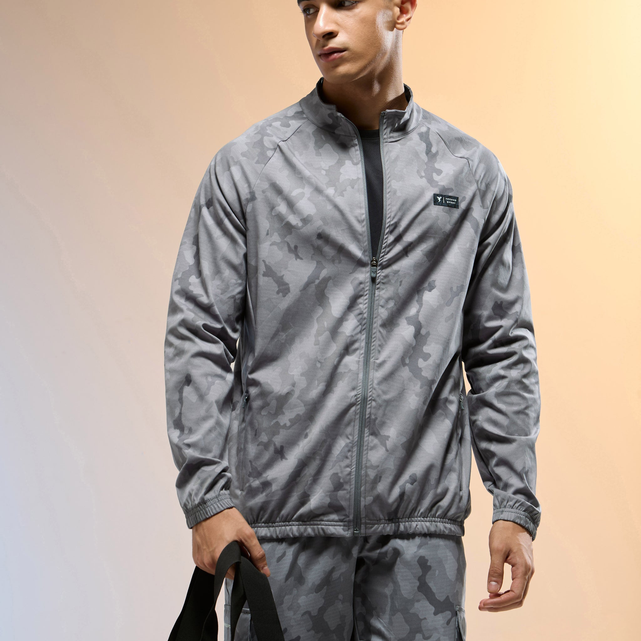 Men Printed Slim Fit Mock Neck Jacket with TS FLEXI