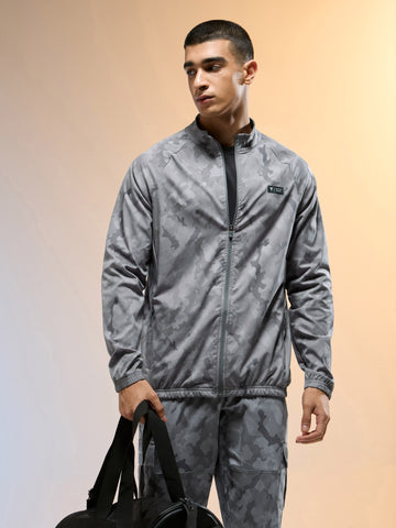 Men Printed Slim Fit Mock Neck Jacket with TS FLEXI