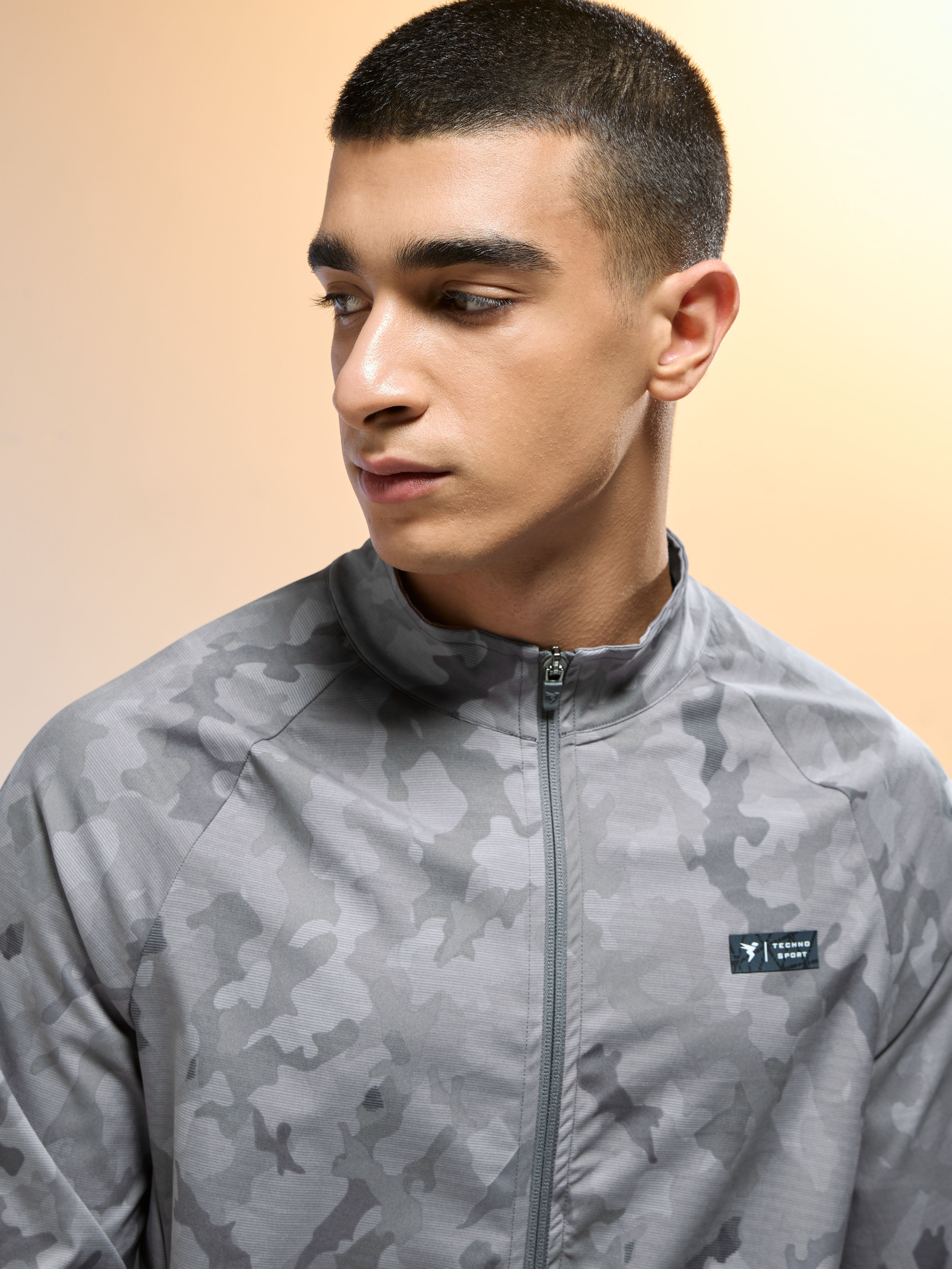 Men Printed Slim Fit Mock Neck Jacket with TS FLEXI