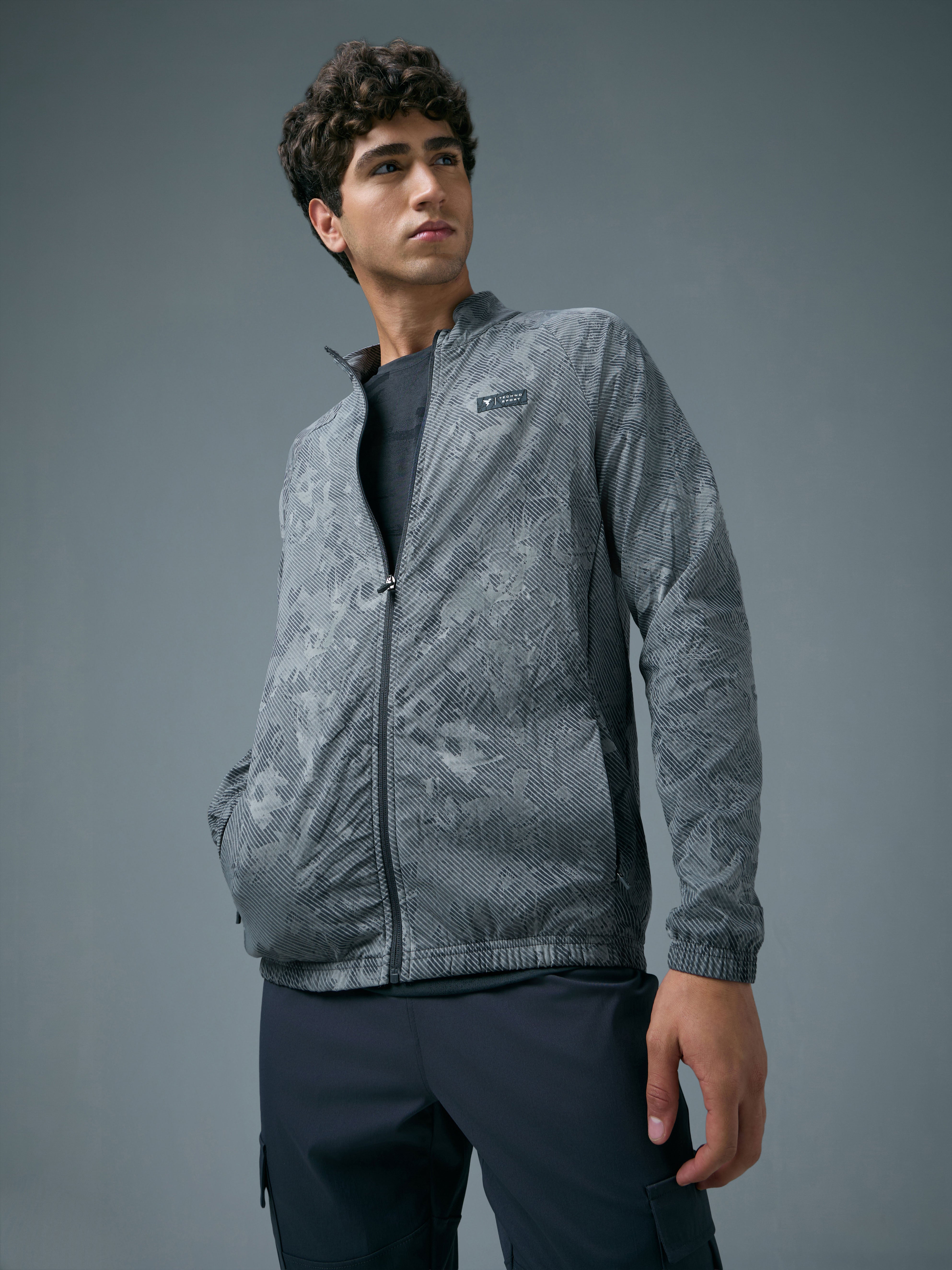 Men Printed Slim Fit Mock Neck Jacket with TS FLEXI
