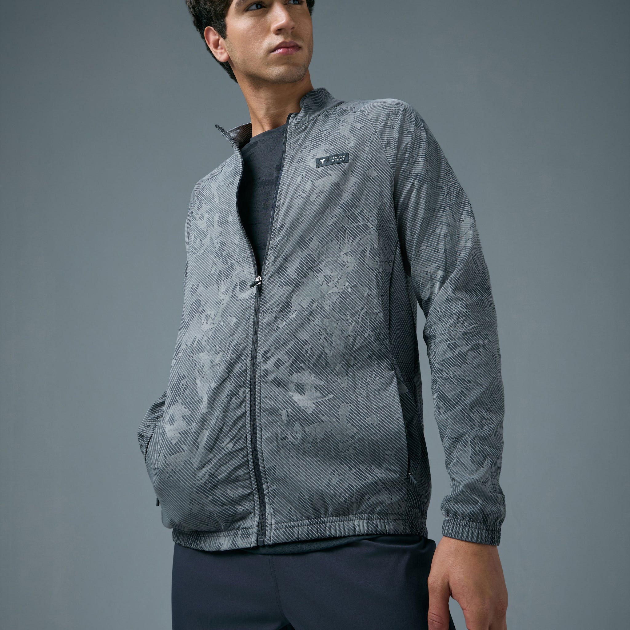 Men Printed Slim Fit Mock Neck Jacket with TS FLEXI