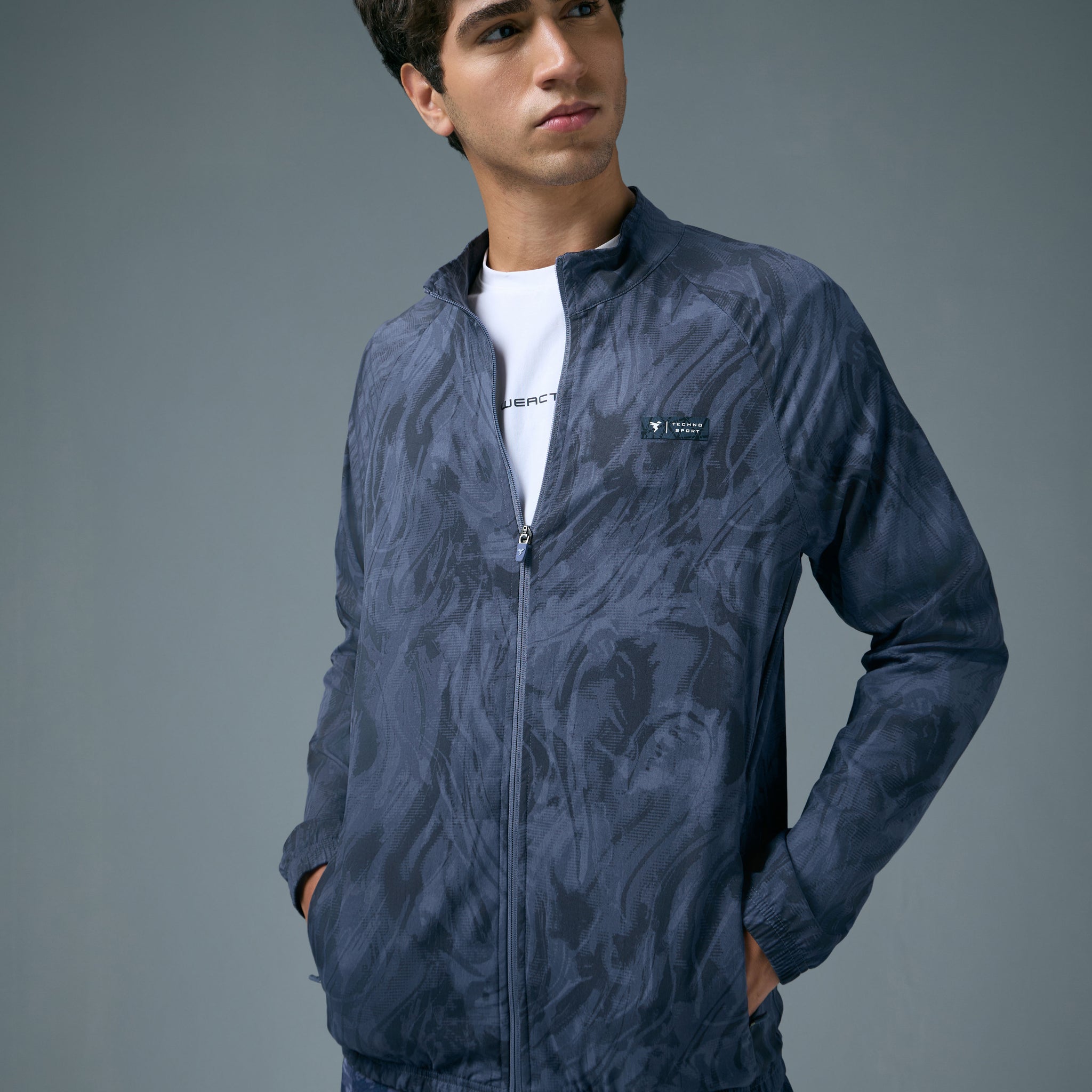 Men Printed Slim Fit Mock Neck Jacket with TS FLEXI