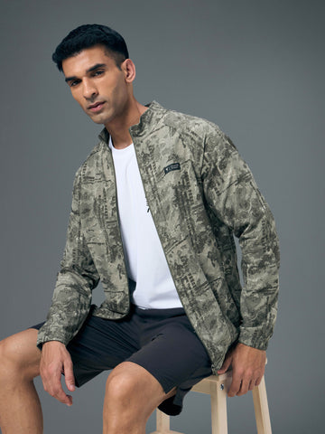 Men Printed Slim Fit Mock Neck Jacket with TS FLEXI