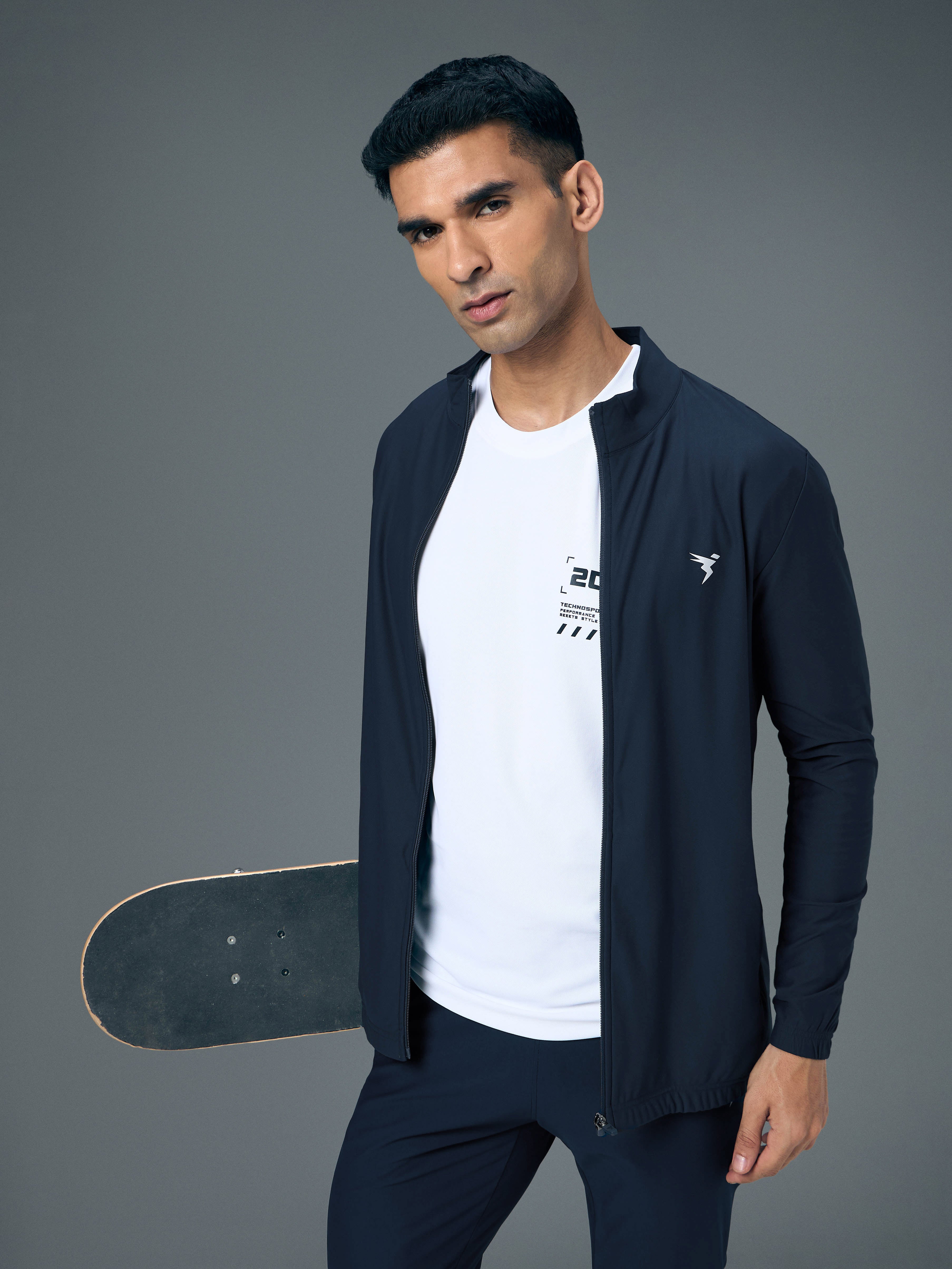 Men Solid Slim Fit Mock Neck Sports Jacket with DURACOOL+