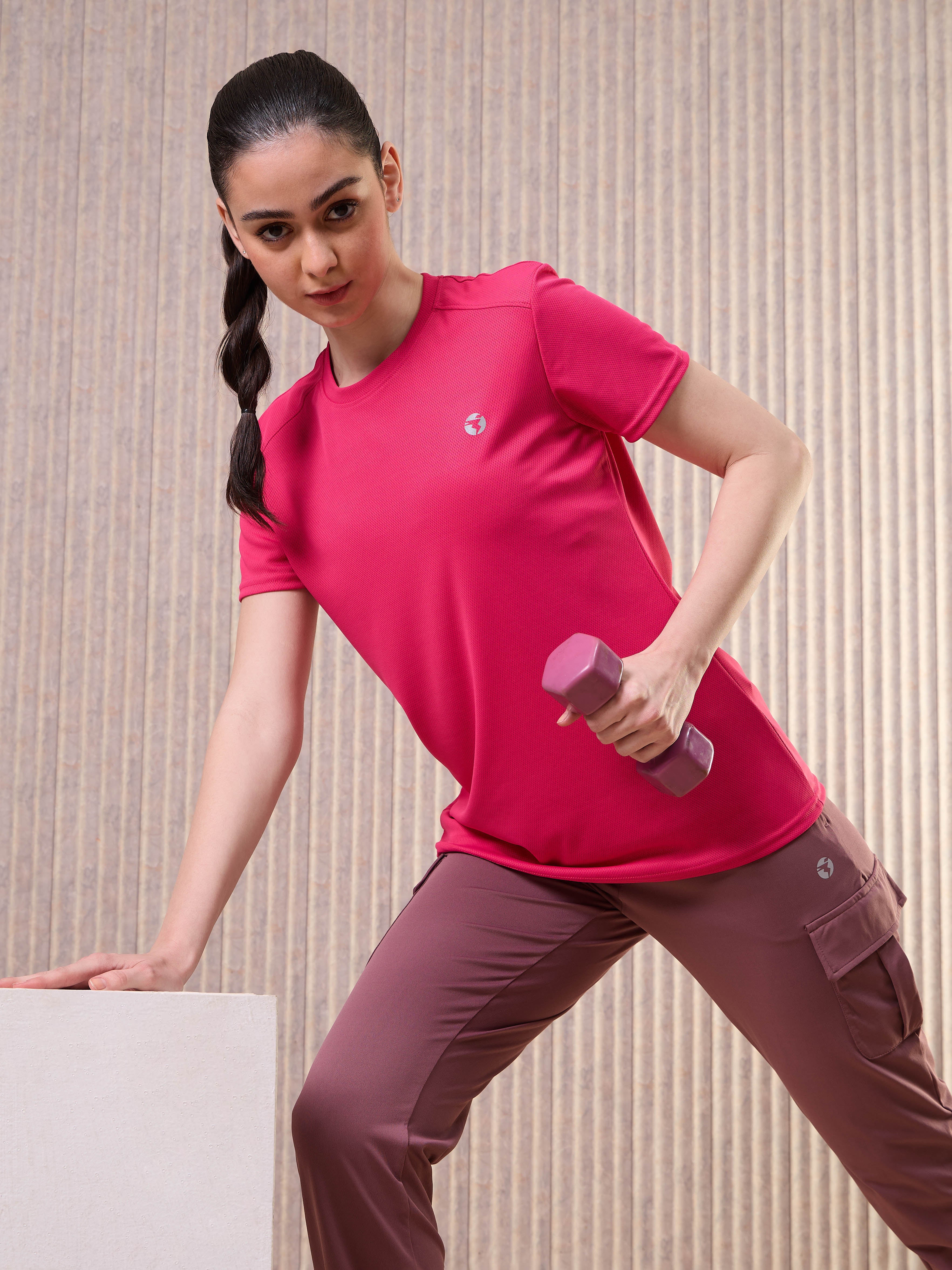 Women Solid Slim Fit Crew Neck T-shirt with TECHNO COOL