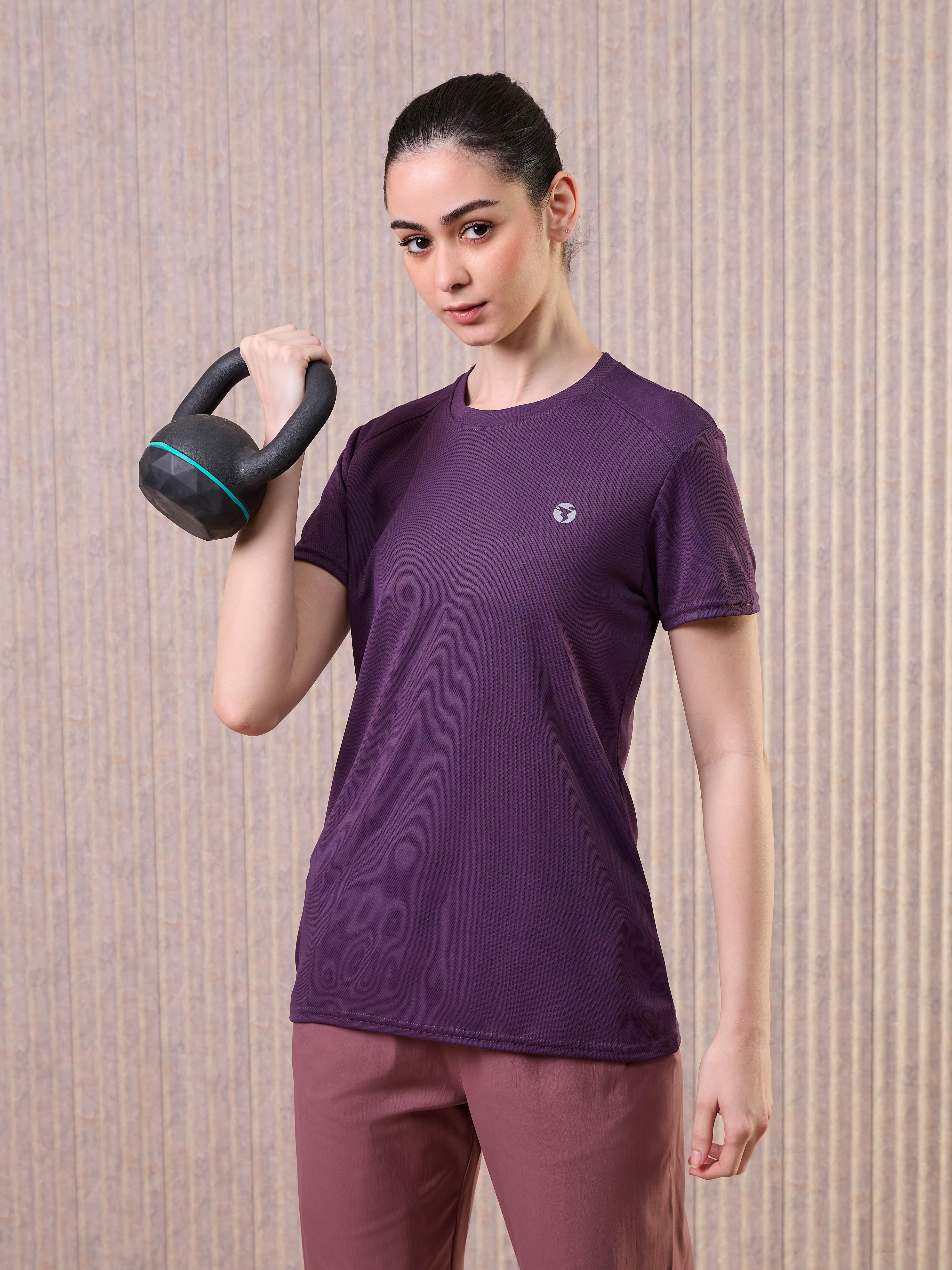 Women Solid Slim Fit Crew Neck T-shirt with TECHNO COOL