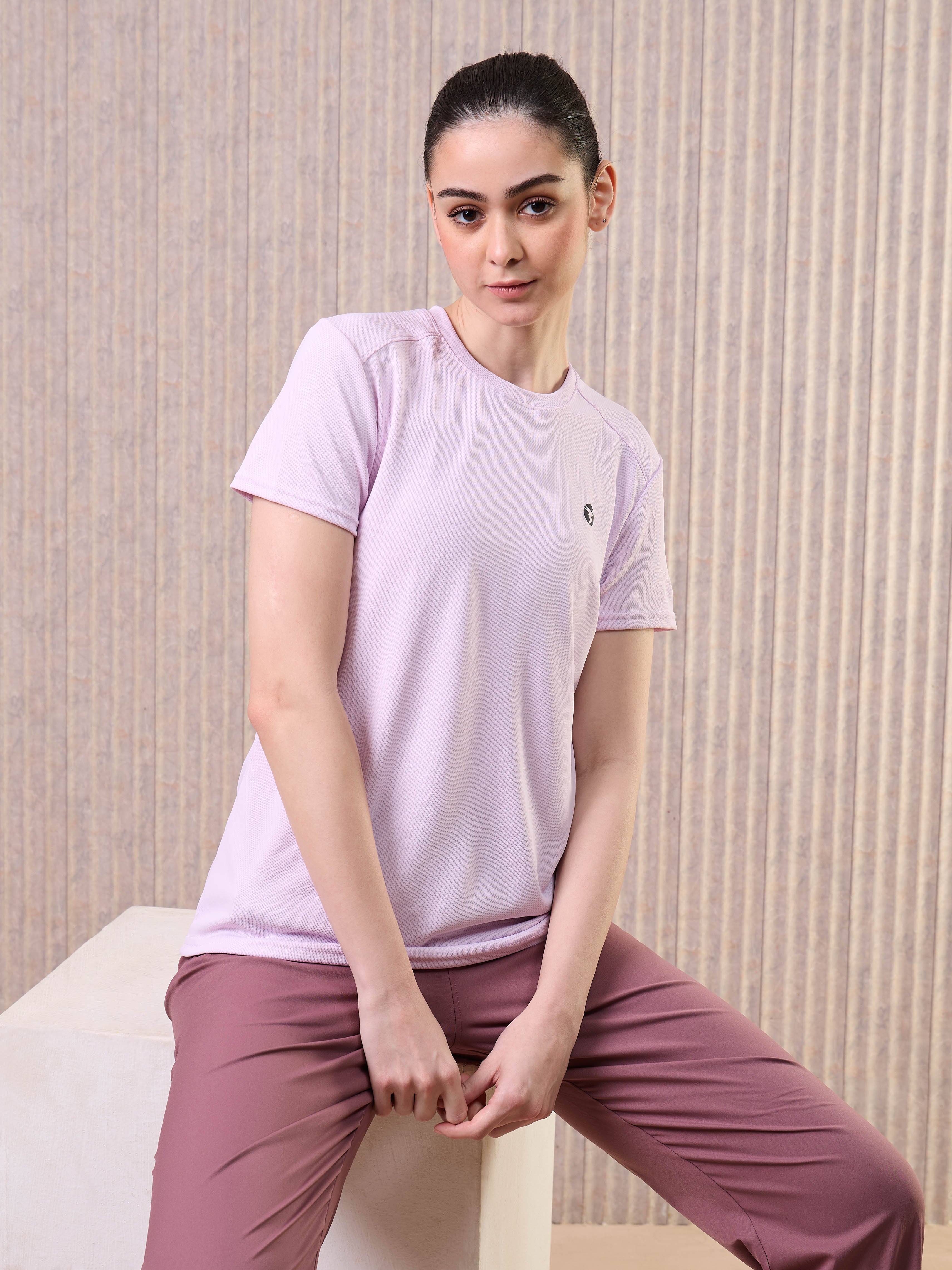 Women Solid Slim Fit Crew Neck T-shirt with TECHNO COOL