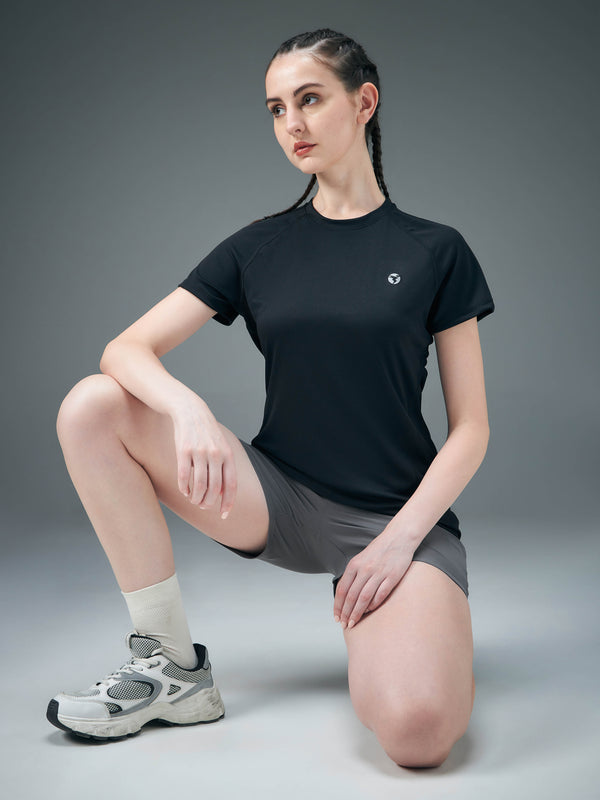 Women Solid Slim Fit Crew Neck T-shirt with TECHNO COOL