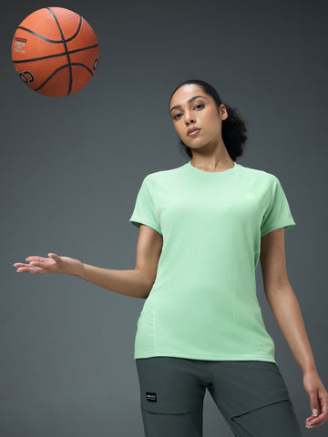 Women Solid Slim Fit Crew Neck T-shirt with TECHNO COOL