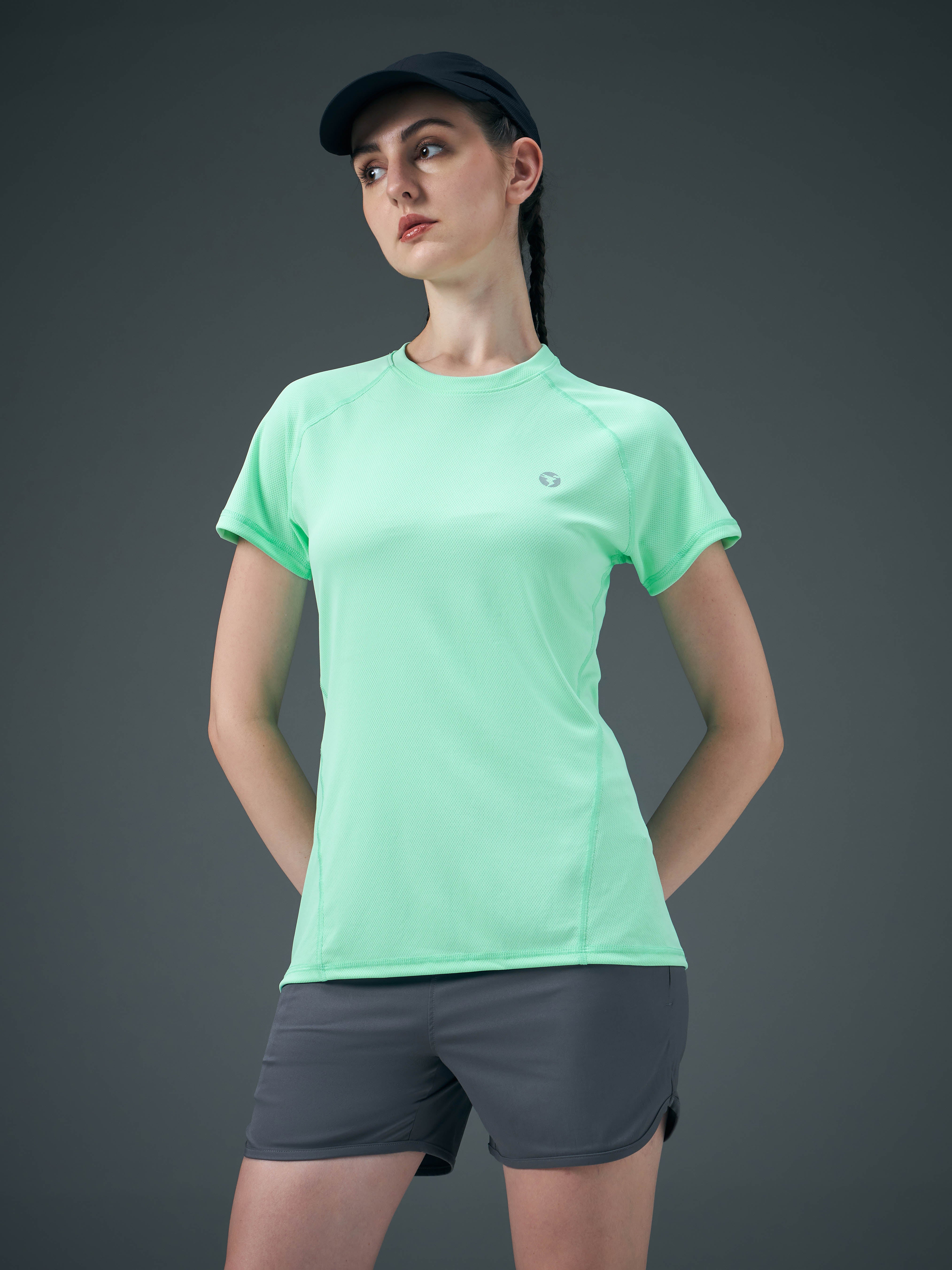 Women Solid Slim Fit Crew Neck T-shirt with TECHNO COOL
