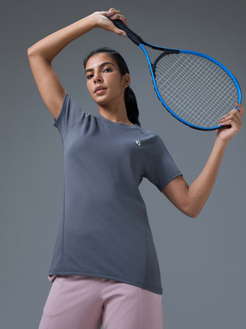 Women Solid Slim Fit Crew Neck T-shirt with TECHNO COOL