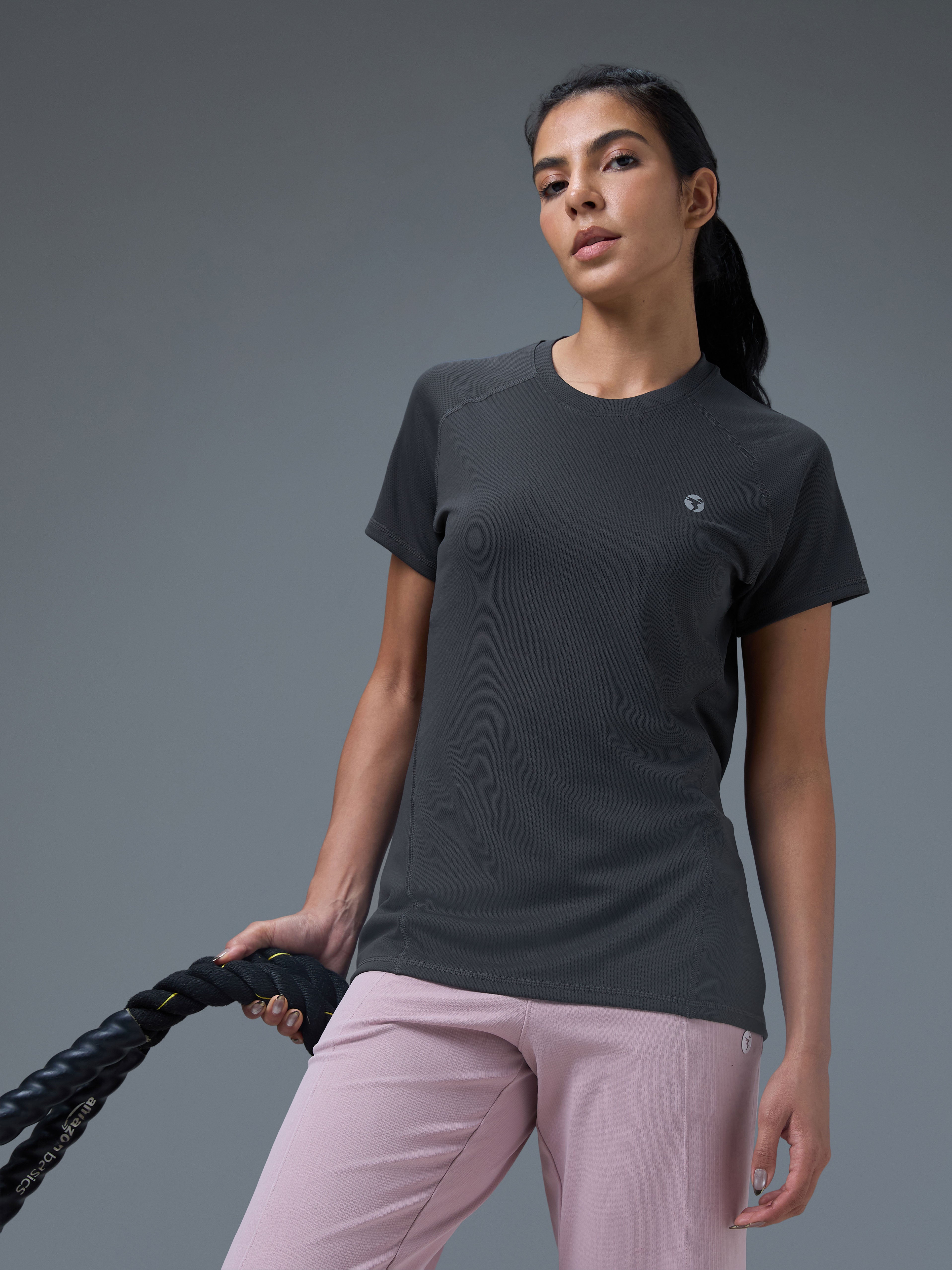 Women Solid Slim Fit Crew Neck T-shirt with TECHNO COOL