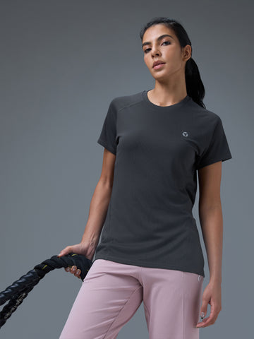 Women Solid Slim Fit Crew Neck T-shirt with TECHNO COOL