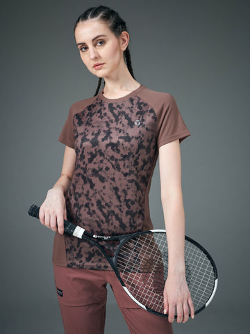 Women Abstract Print Slim Fit Crew Neck T-shirt with TECHNO COOL+