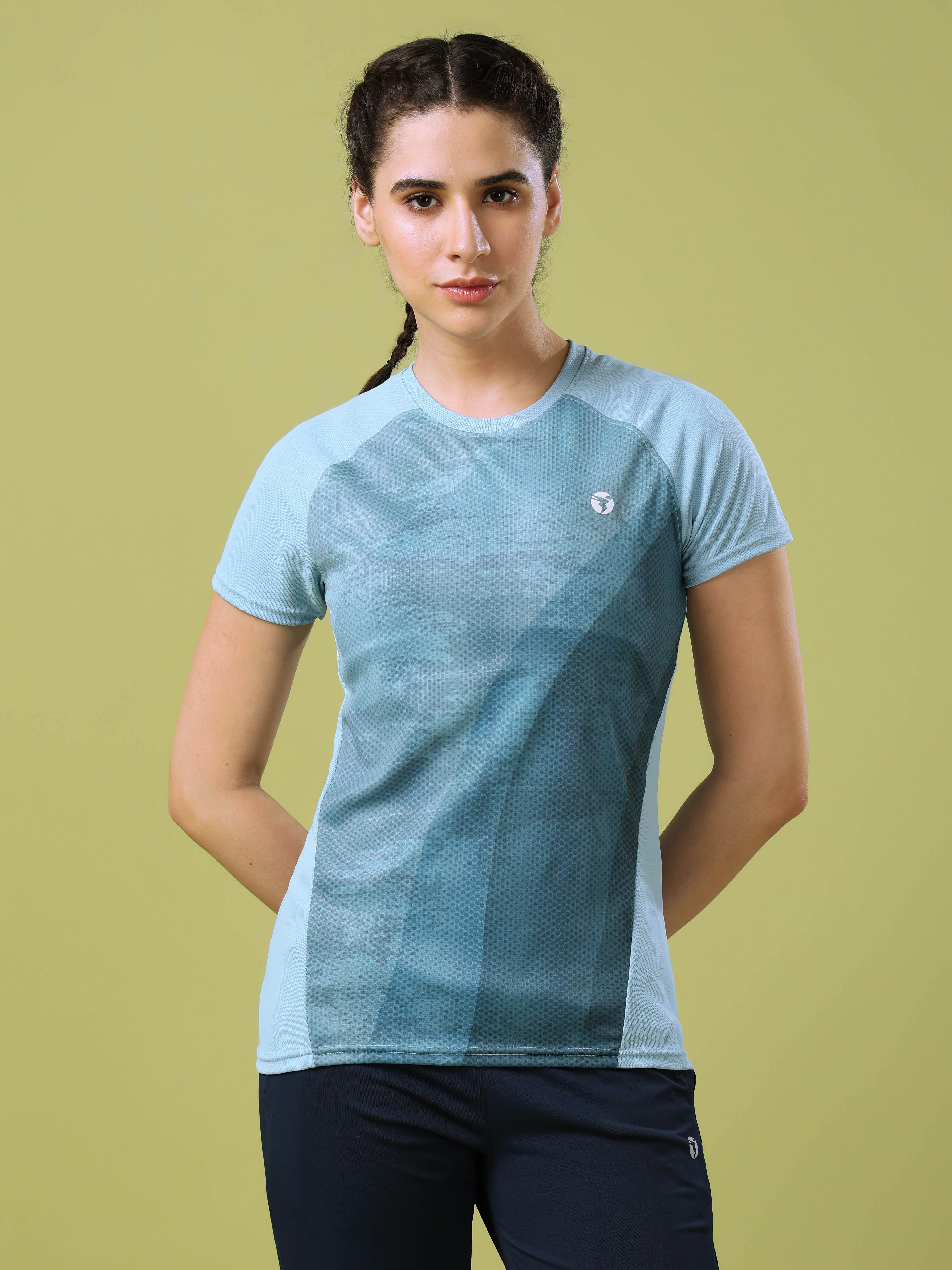 Women Abstract Print Slim Fit Crew Neck T-shirt with TECHNO COOL+