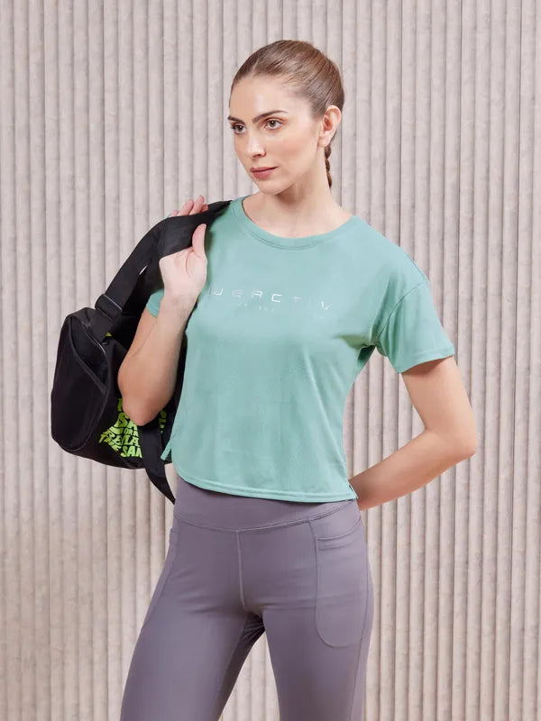 Women Printed Boxy Fit Crew Neck Crop Top with VENTMESH