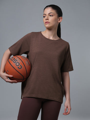 Women Cubic Melange Relaxed Fit Round Neck T-shirt with DOUBLE COOL