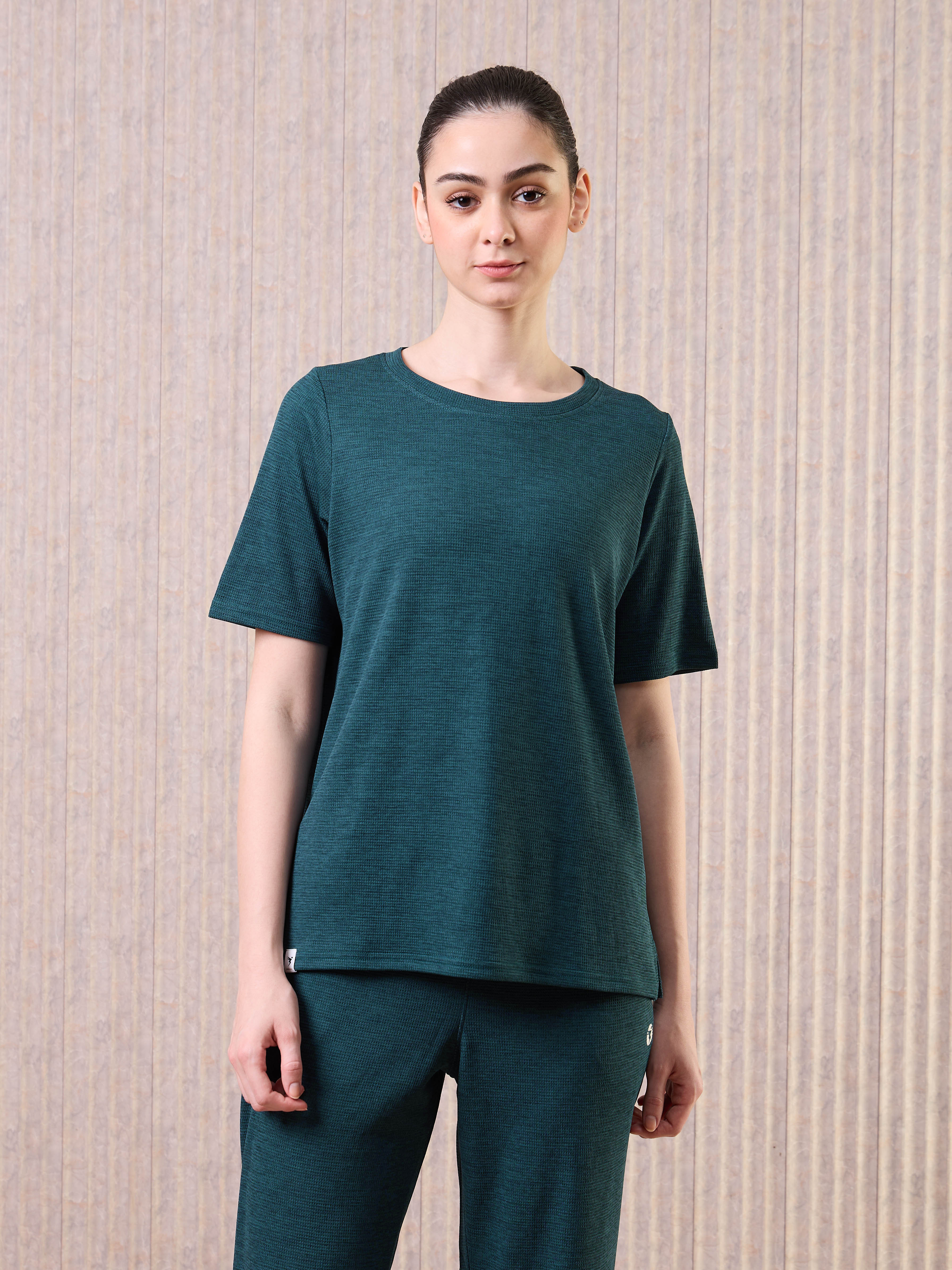 Women Cubic Melange Relaxed Fit Round Neck T-shirt with DOUBLE COOL