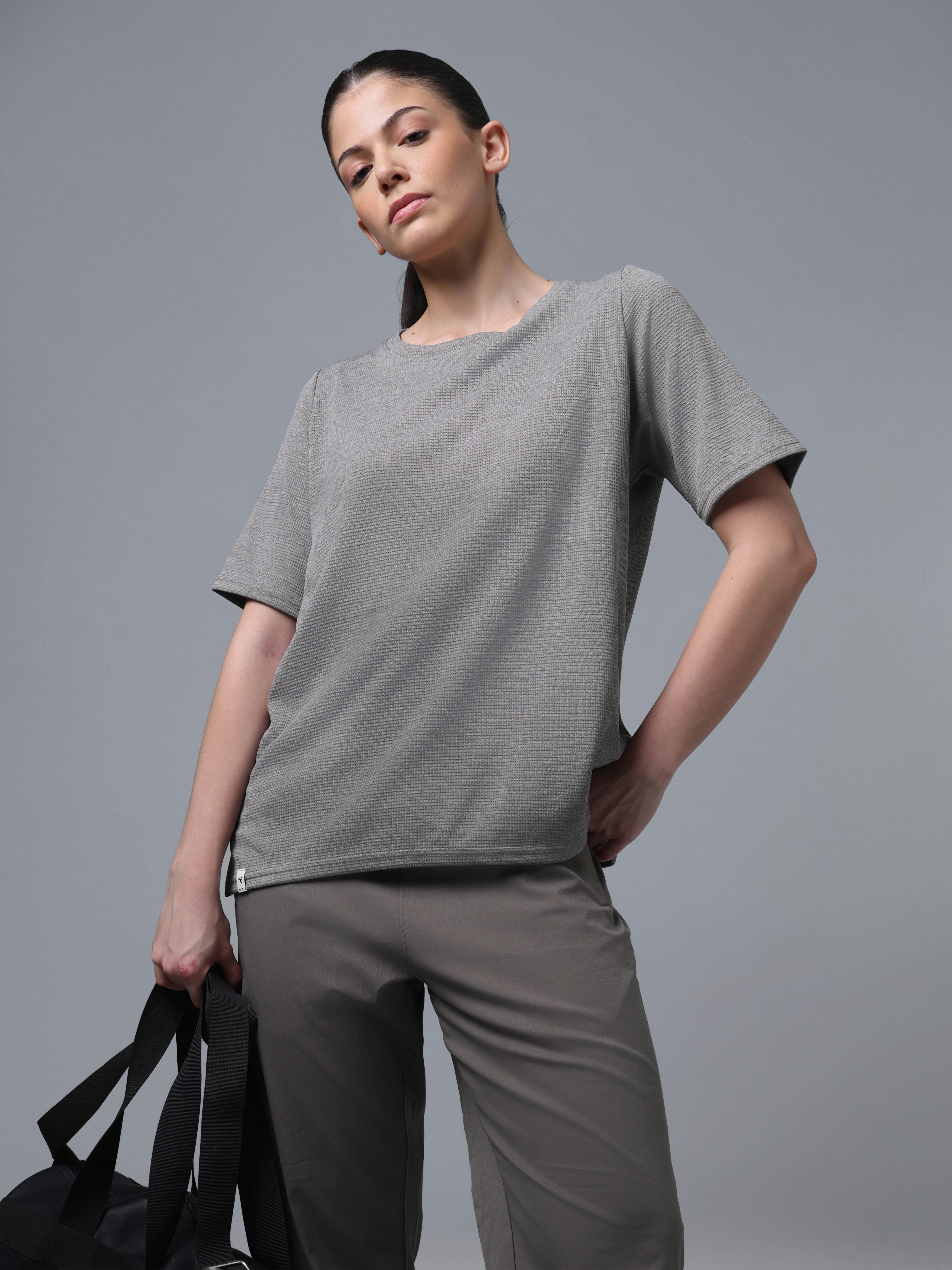 Women Cubic Melange Relaxed Fit Round Neck T-shirt with DOUBLE COOL