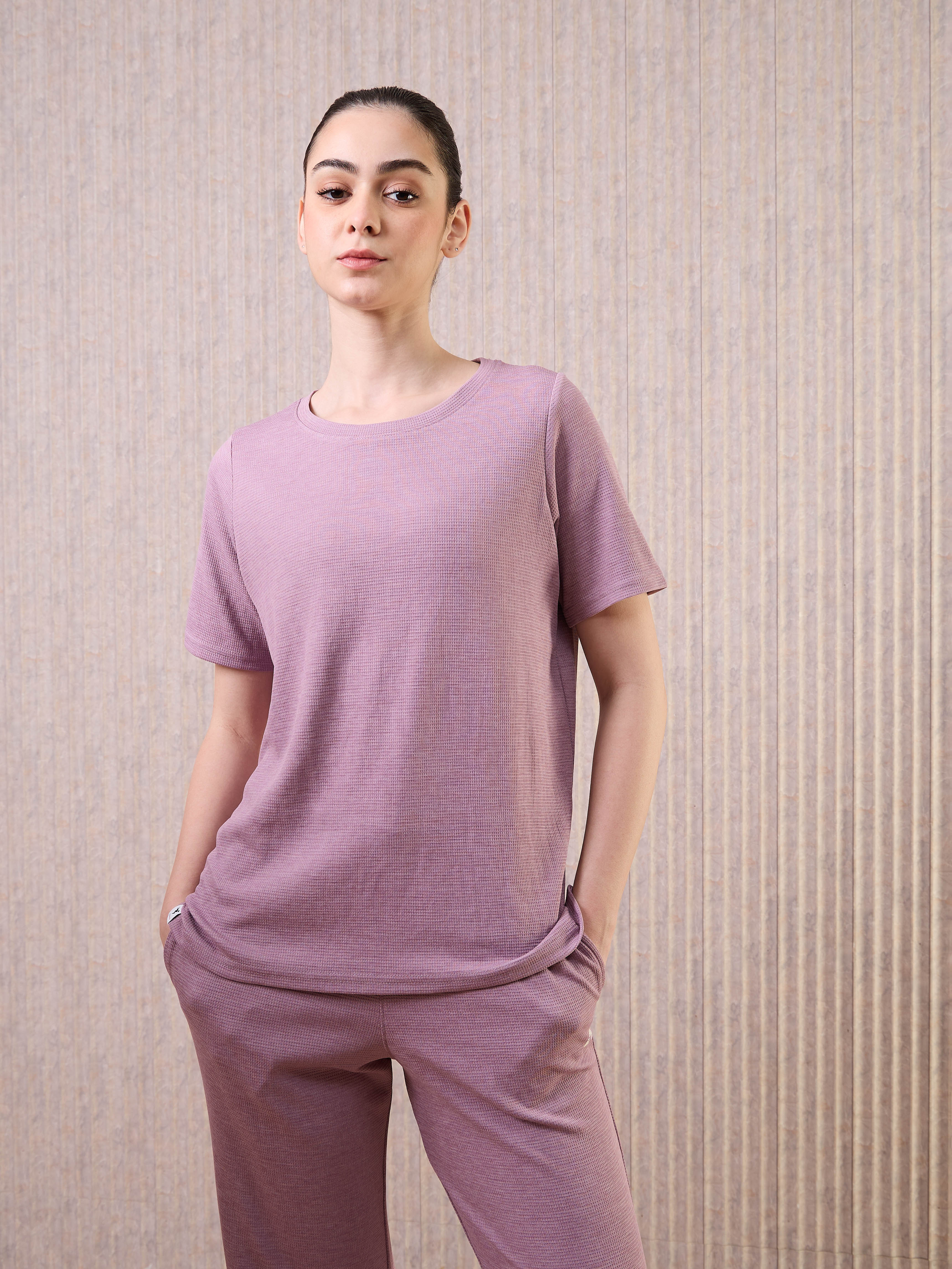 Women Cubic Melange Relaxed Fit Round Neck T-shirt with DOUBLE COOL
