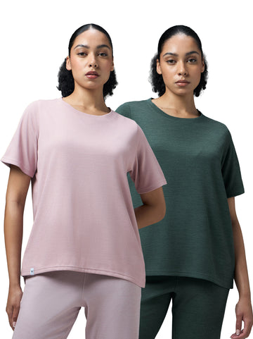 Women Pack of 2 Relaxed Fit Cubic Melange Round Neck T-shirt with DOUBLE COOL