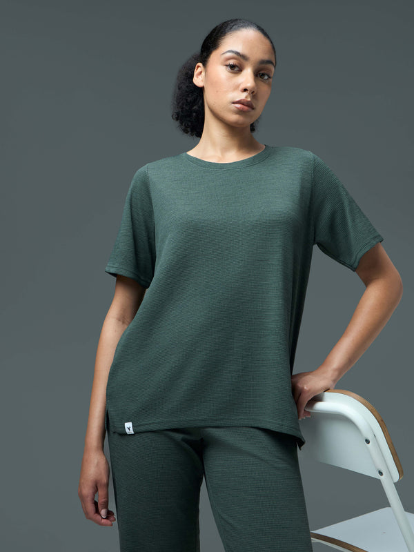 Women Cubic Melange Relaxed Fit Round Neck T-shirt with DOUBLE COOL