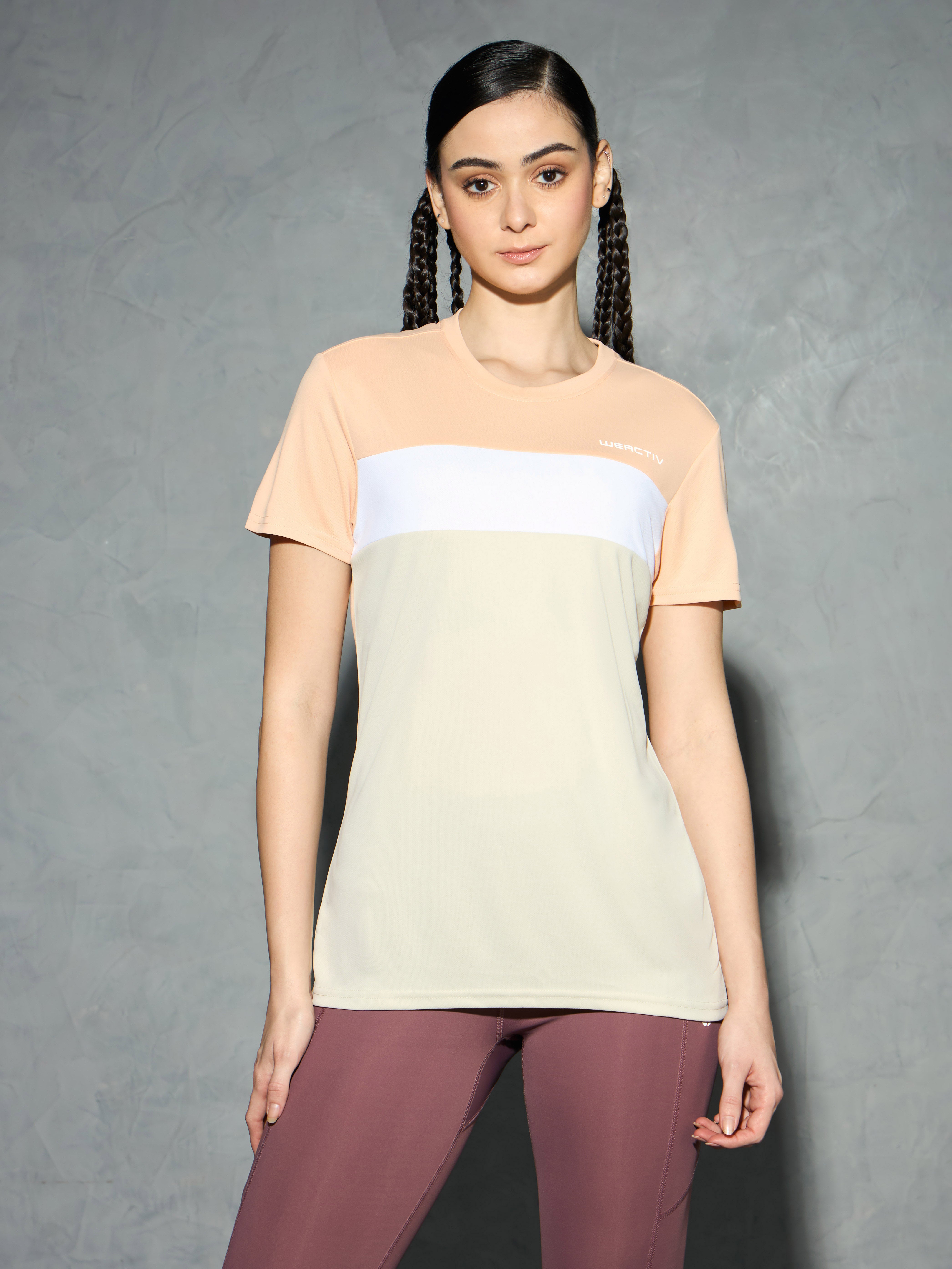 Women Colorblock Slim Fit Round Neck Sports T-shirt with TECHNOCOOL+