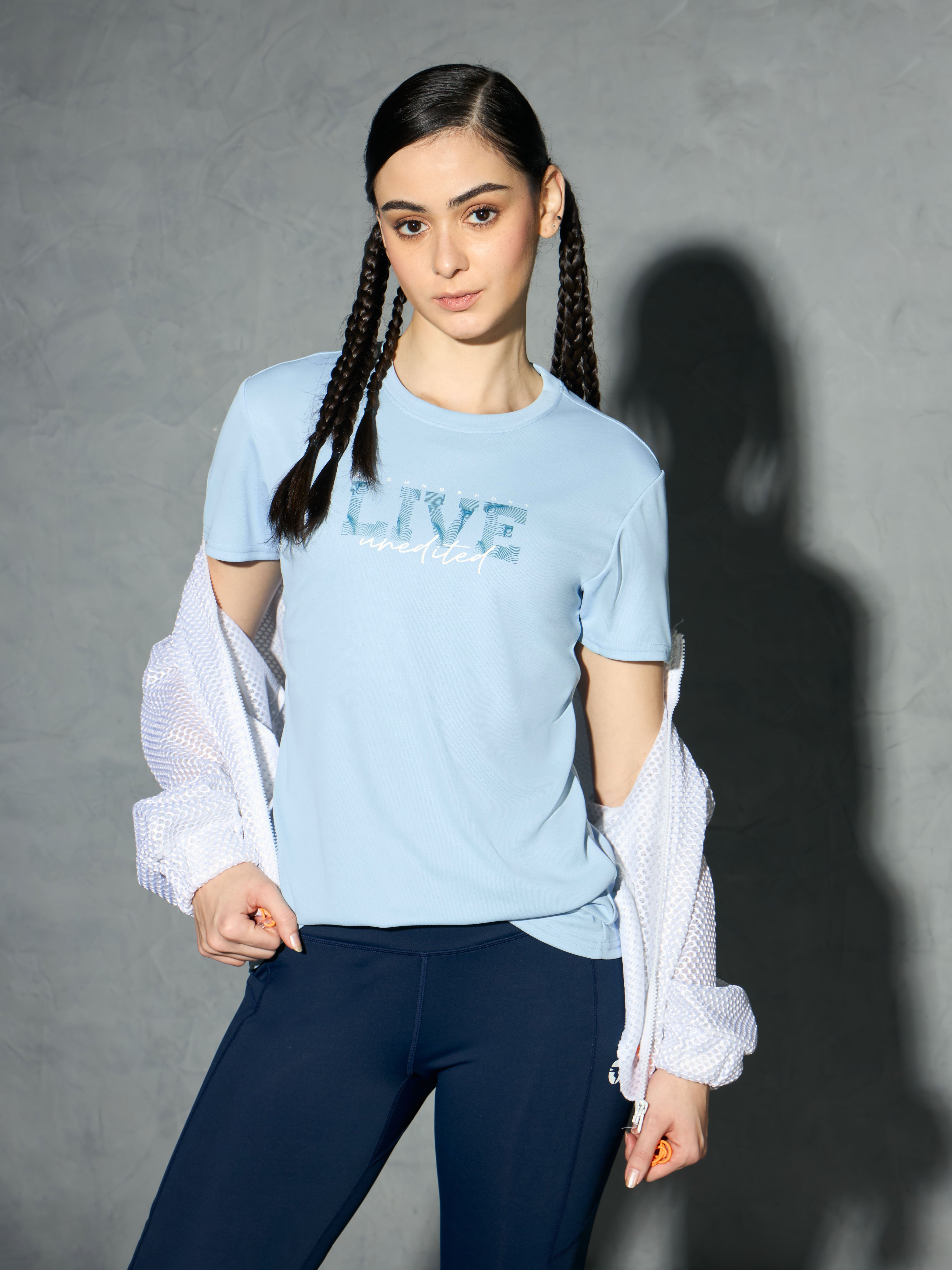 Women Printed Slim Fit Round Neck T-shirt with TECHNOCOOL+