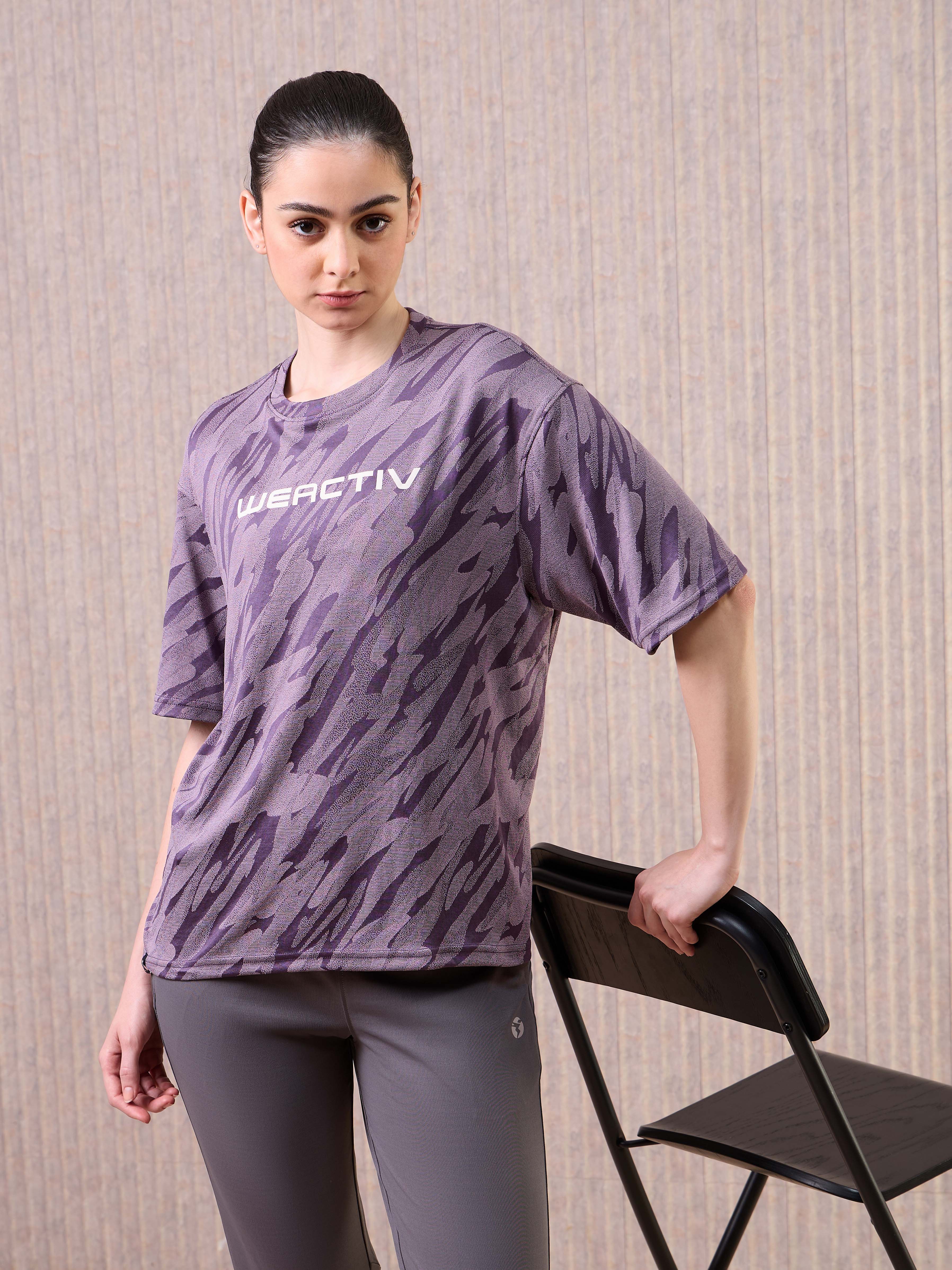 Women Jacquard Boxy Fit Round Neck T-shirt with DOUBLE COOL