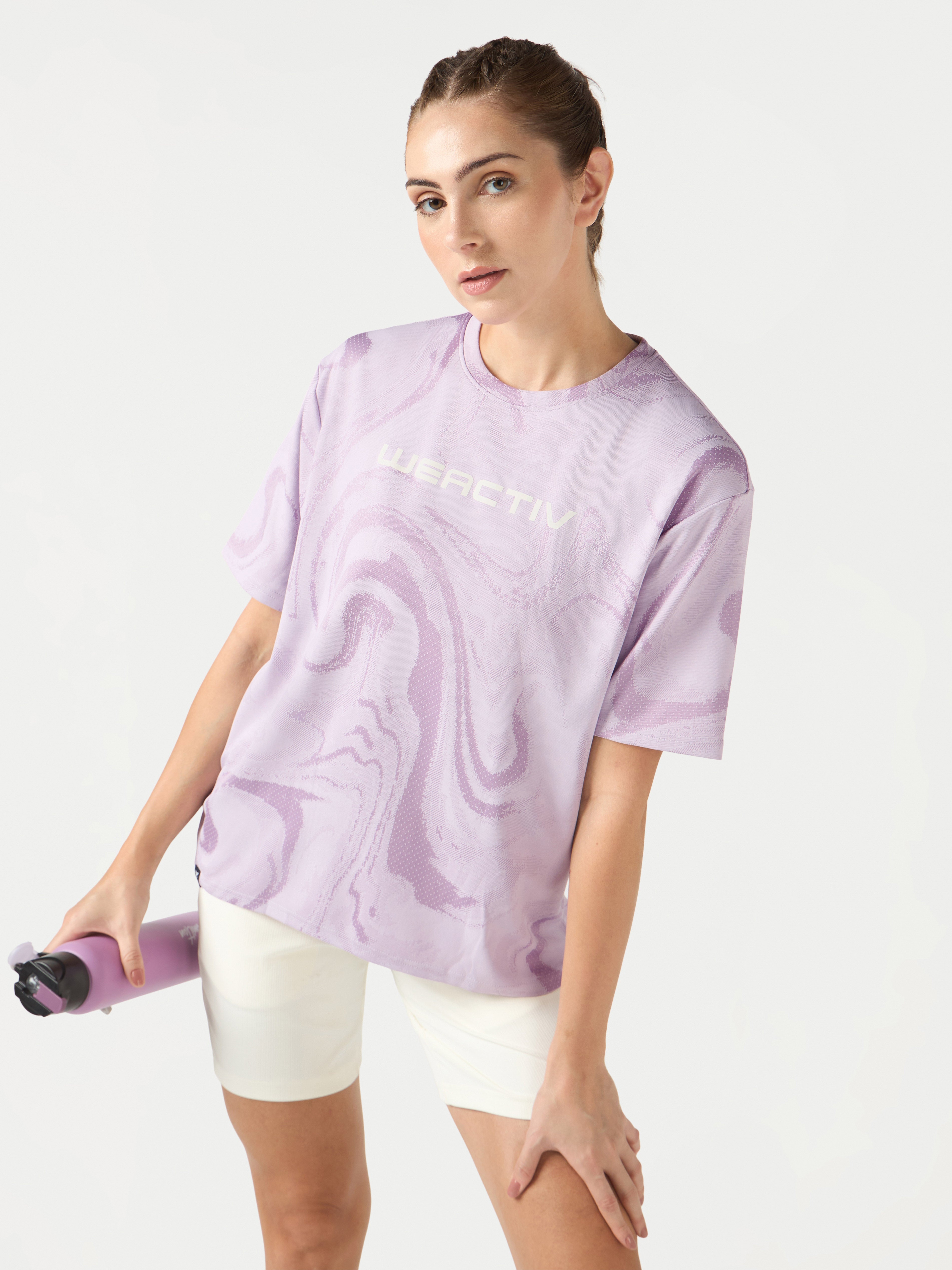 Women Jacquard Boxy Fit Round Neck T-shirt with DOUBLE COOL