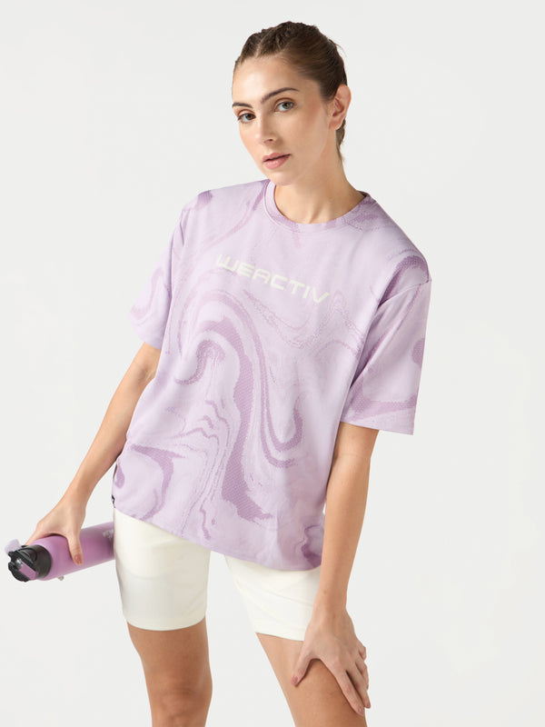 Women Jacquard Boxy Fit Round Neck T-shirt with DOUBLE COOL