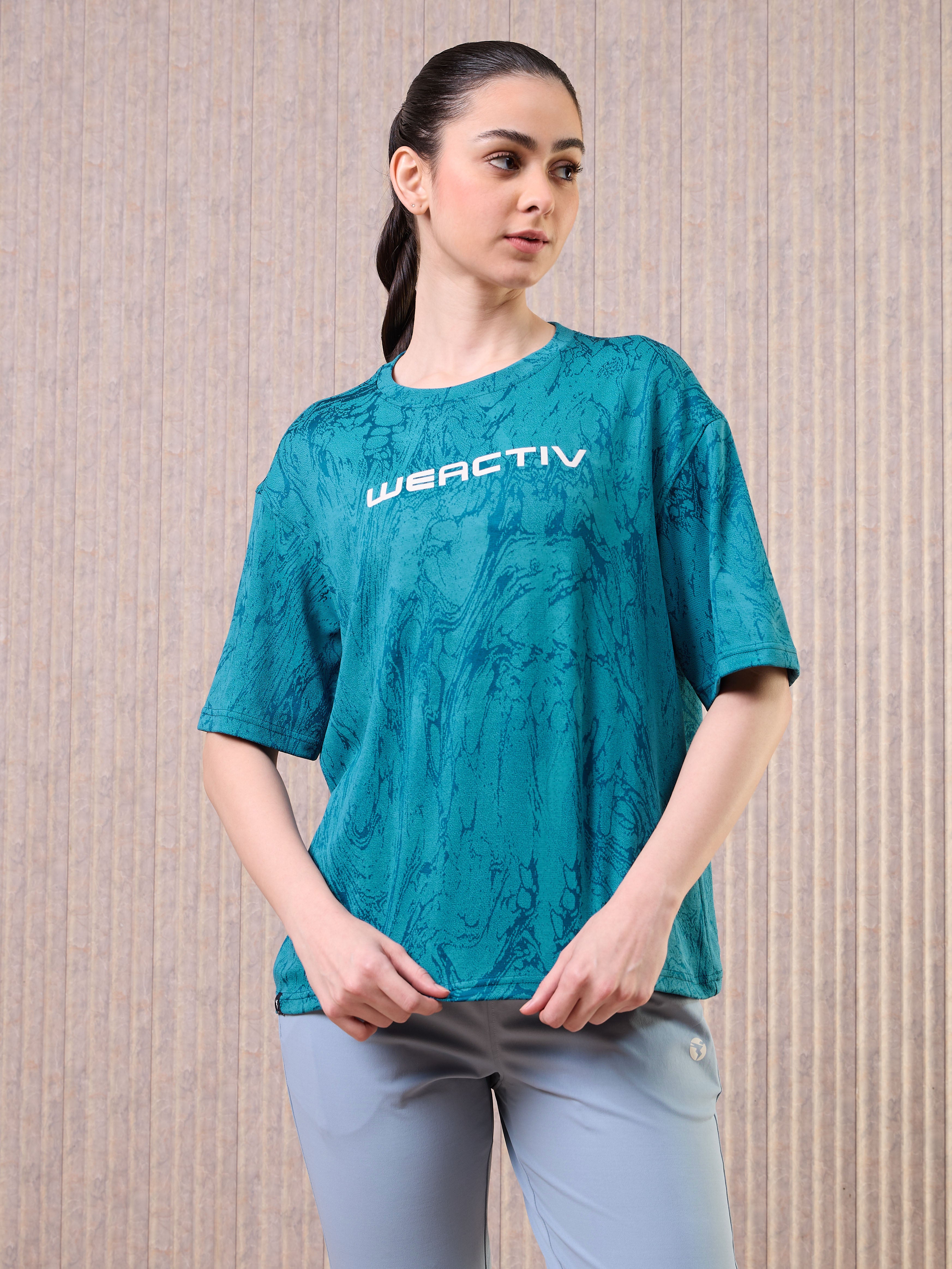Women Jacquard Boxy Fit Round Neck T-shirt with DOUBLE COOL