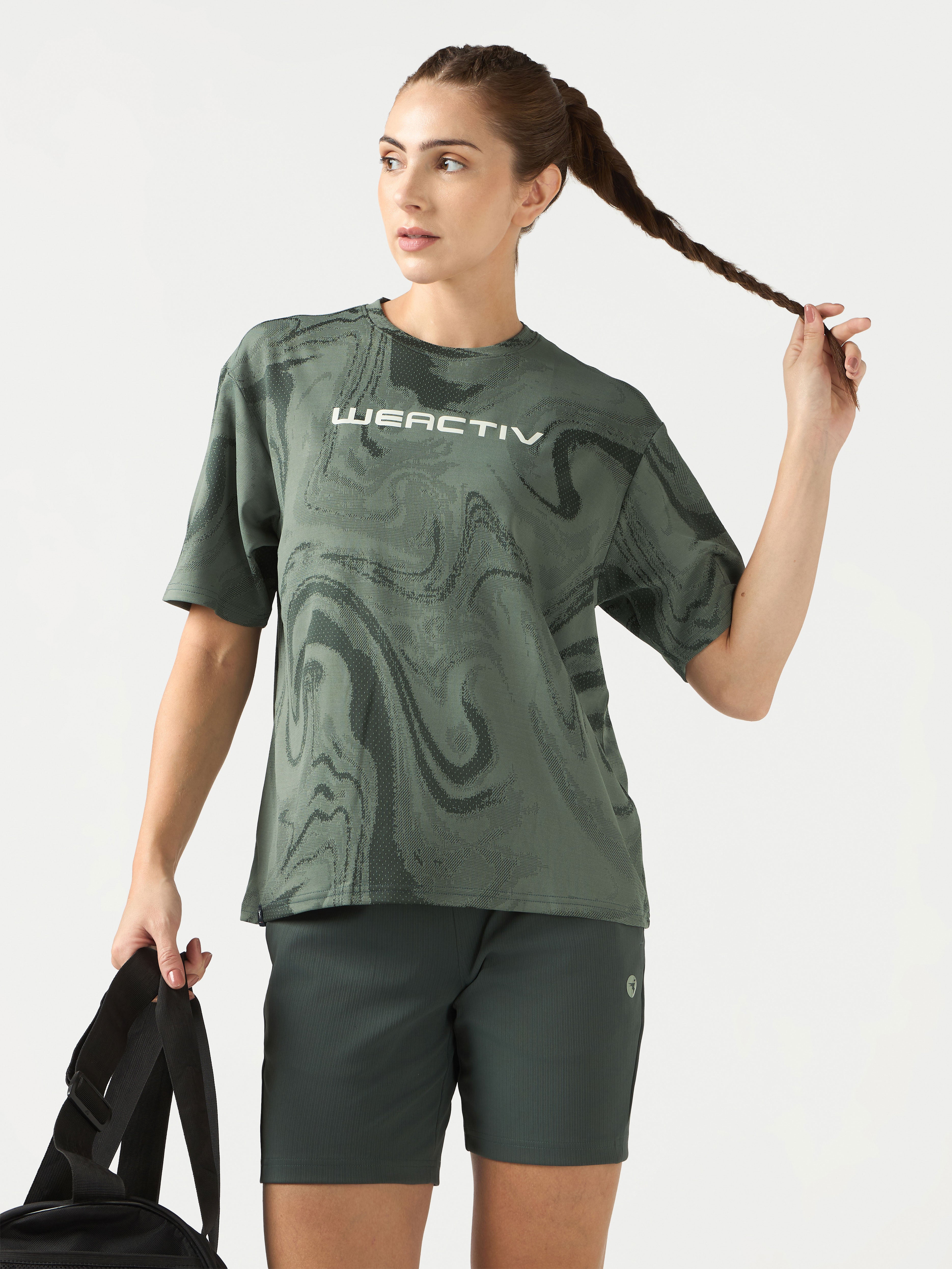 Women Jacquard Boxy Fit Round Neck T-shirt with DOUBLE COOL
