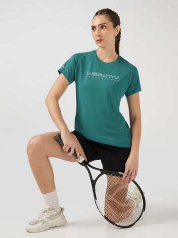 Women Typography Print Regular Fit Round Neck Sports Tee with TECHNOCOOL+