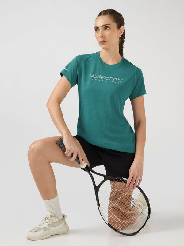 Women Typography Print Regular Fit Round Neck Sports Tee with TECHNOCOOL+